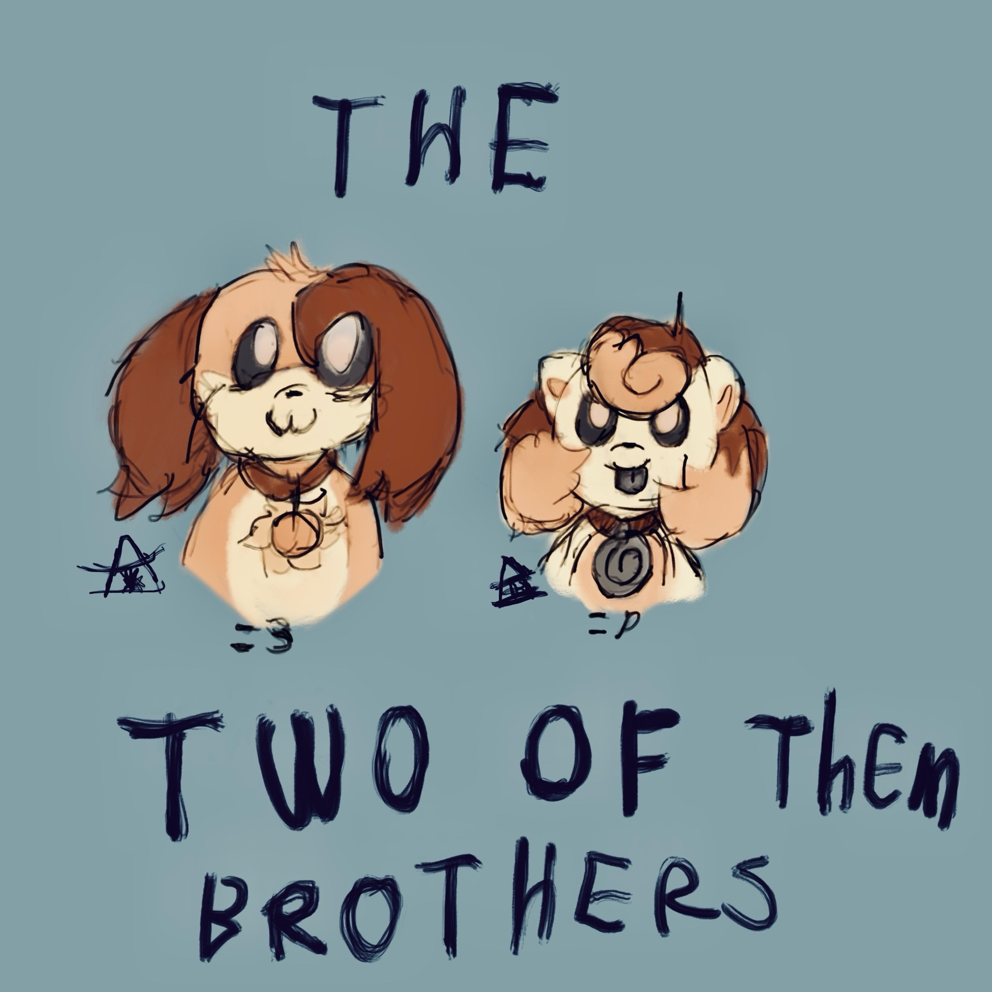 Dogday from the Smiling Critters, and my OC Shiny (drawn in the smiling critters style minus the mouth) who I made in 2021, who happens to look a LOT like Dogday to the point where it’s almost uncanny.
The text says “The Two of them Brothers” referencing their similarity in design.