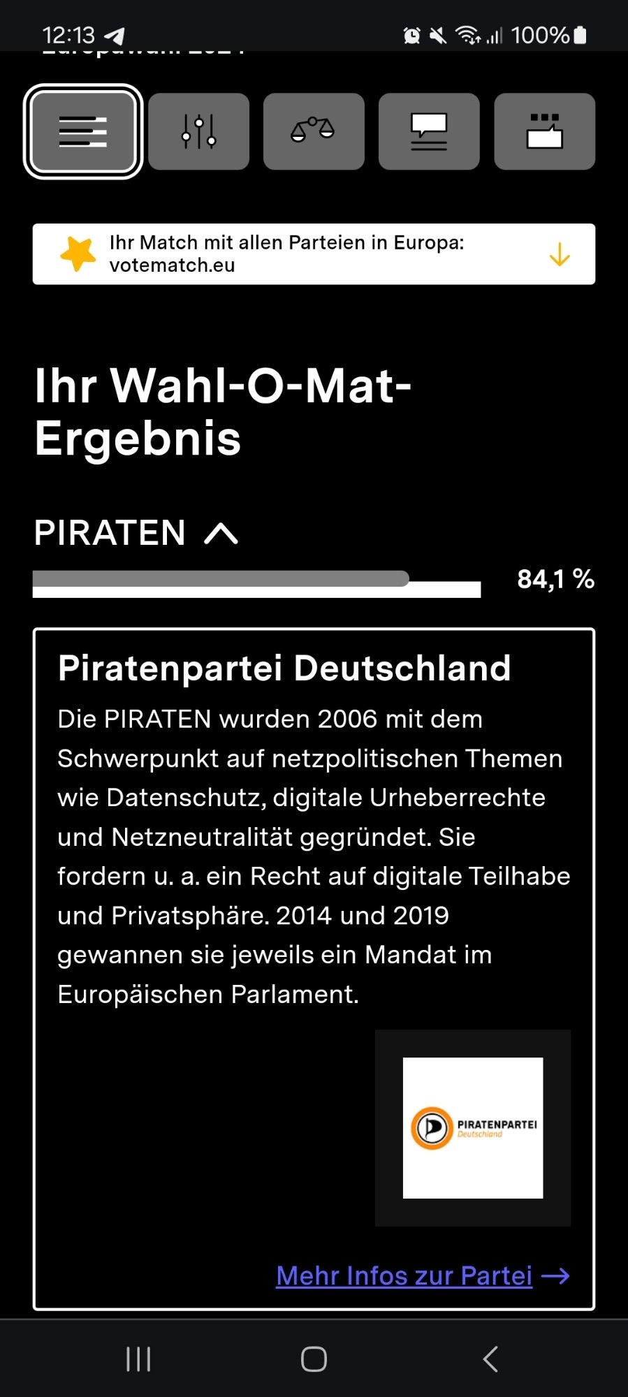 Wahlomat Ergebnis. PIRATENPARTEI auf Platz 1