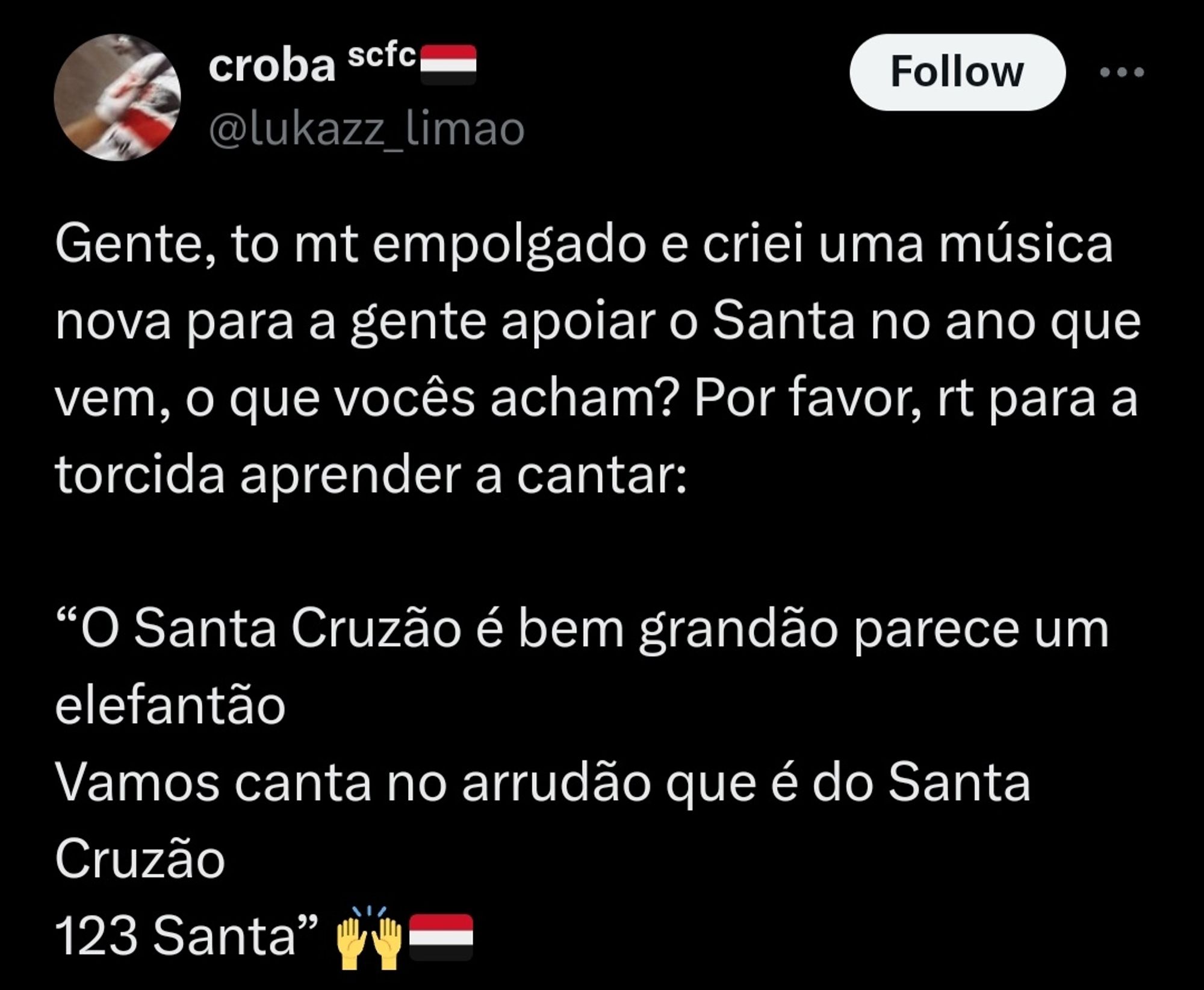 Print de um tweet que diz "Gente, to mt empolgado e criei uma música nova para a gente apoiar o Santa no ano que vem, o que vocês acham? Por favor, rt para a torcida aprender a cantar:

“O Santa Cruzão é bem grandão parece um elefantão
Vamos canta no arrudão que é do Santa Cruzão 
123 Santa” 🙌🇾🇪"