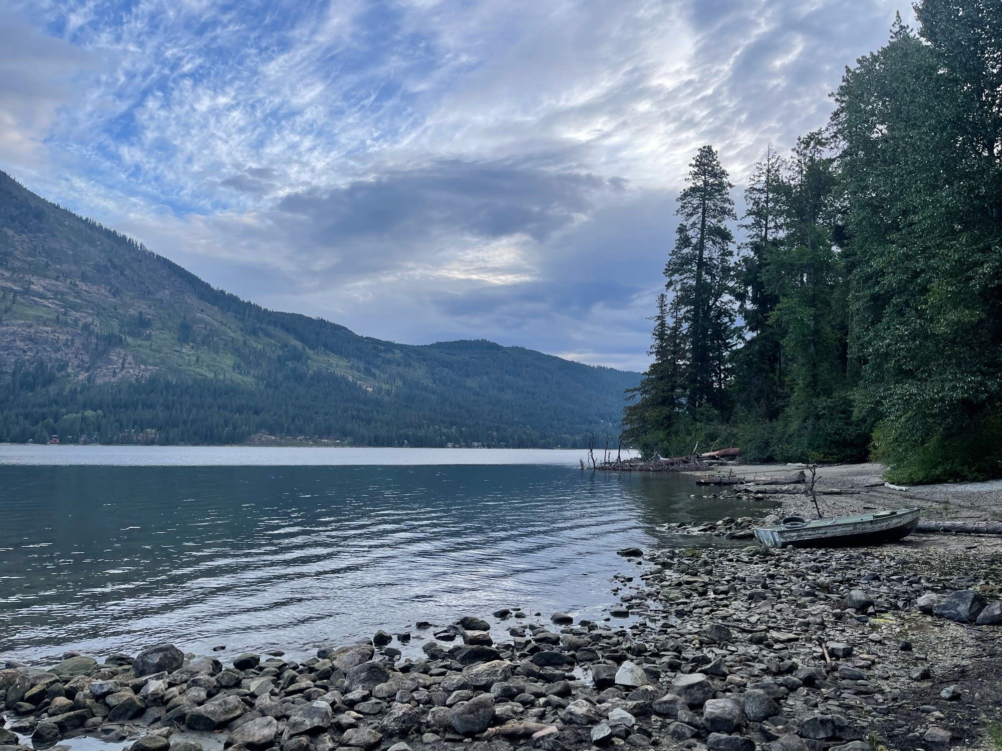 Lake Wenatchee, an old boat beached on the rocks