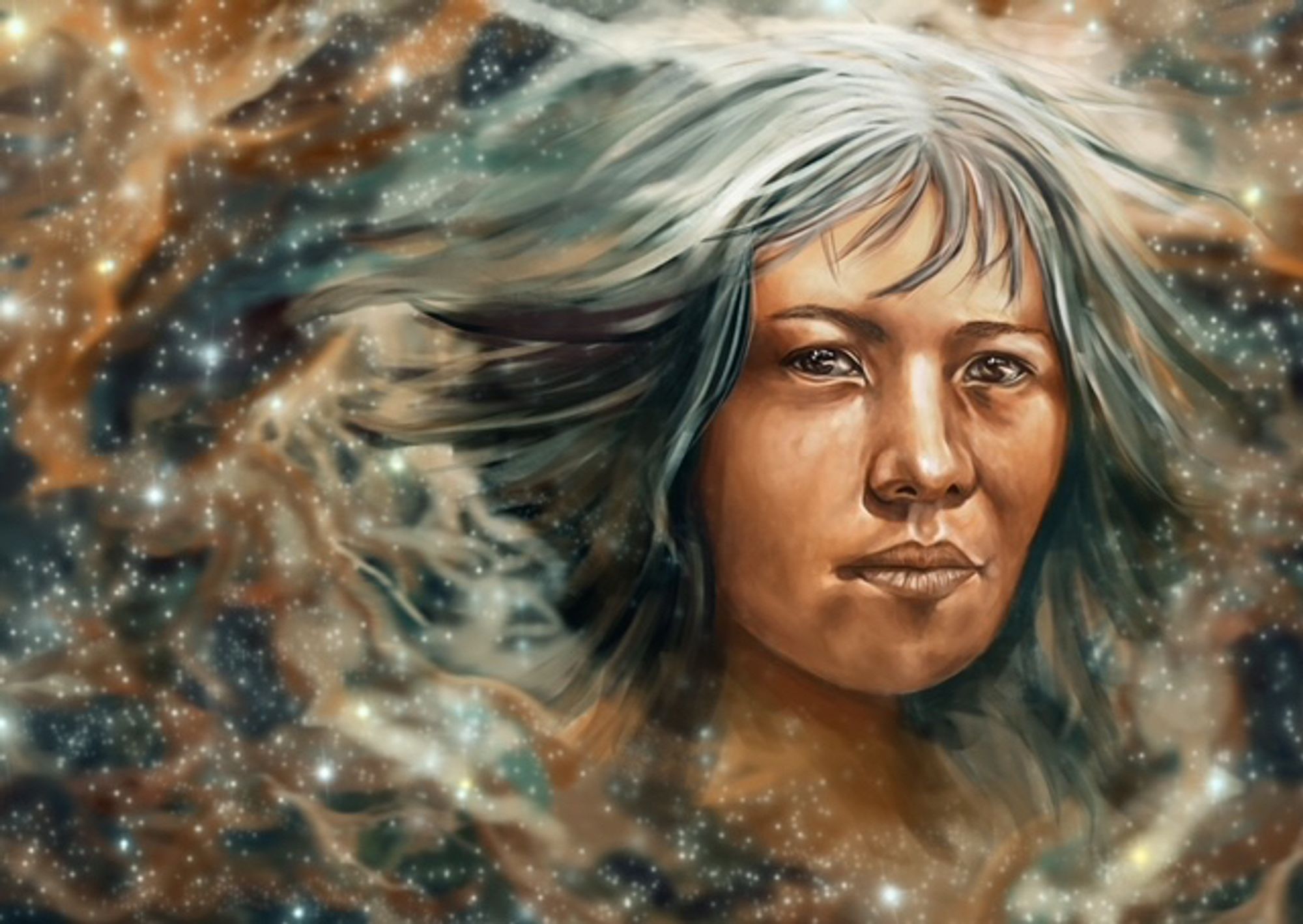 A digital painting of a woman blending into a nebula.