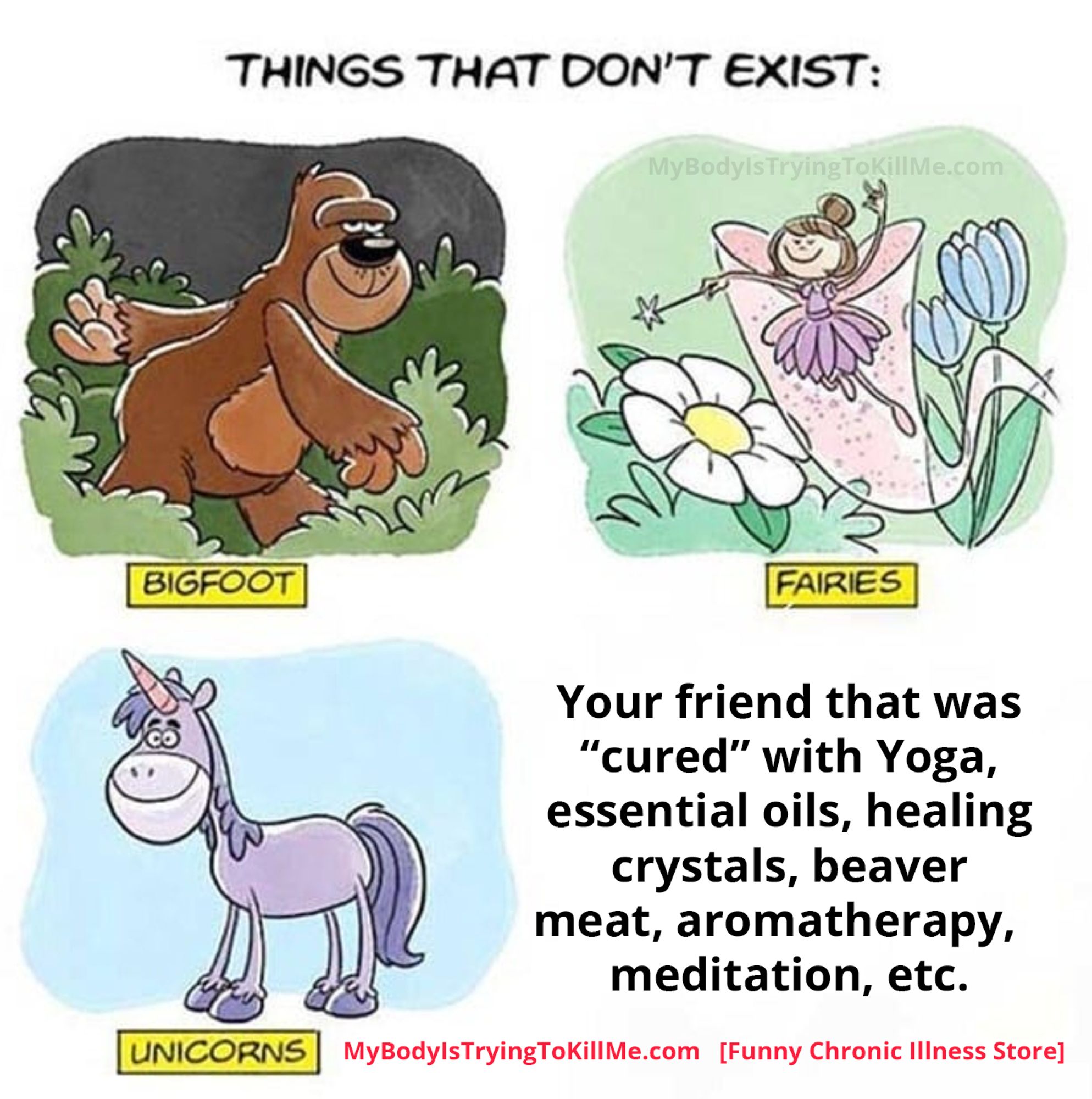 things that don't exist:

[a pic of bigfoot] Bigfoot
[a pic of faires] Fairies
[a pic of unicorn] Unicorn
Your friend that was "cured" with yoga, essential oils, healing crystals, beaver meat, aromatherapy, meditation, etc.