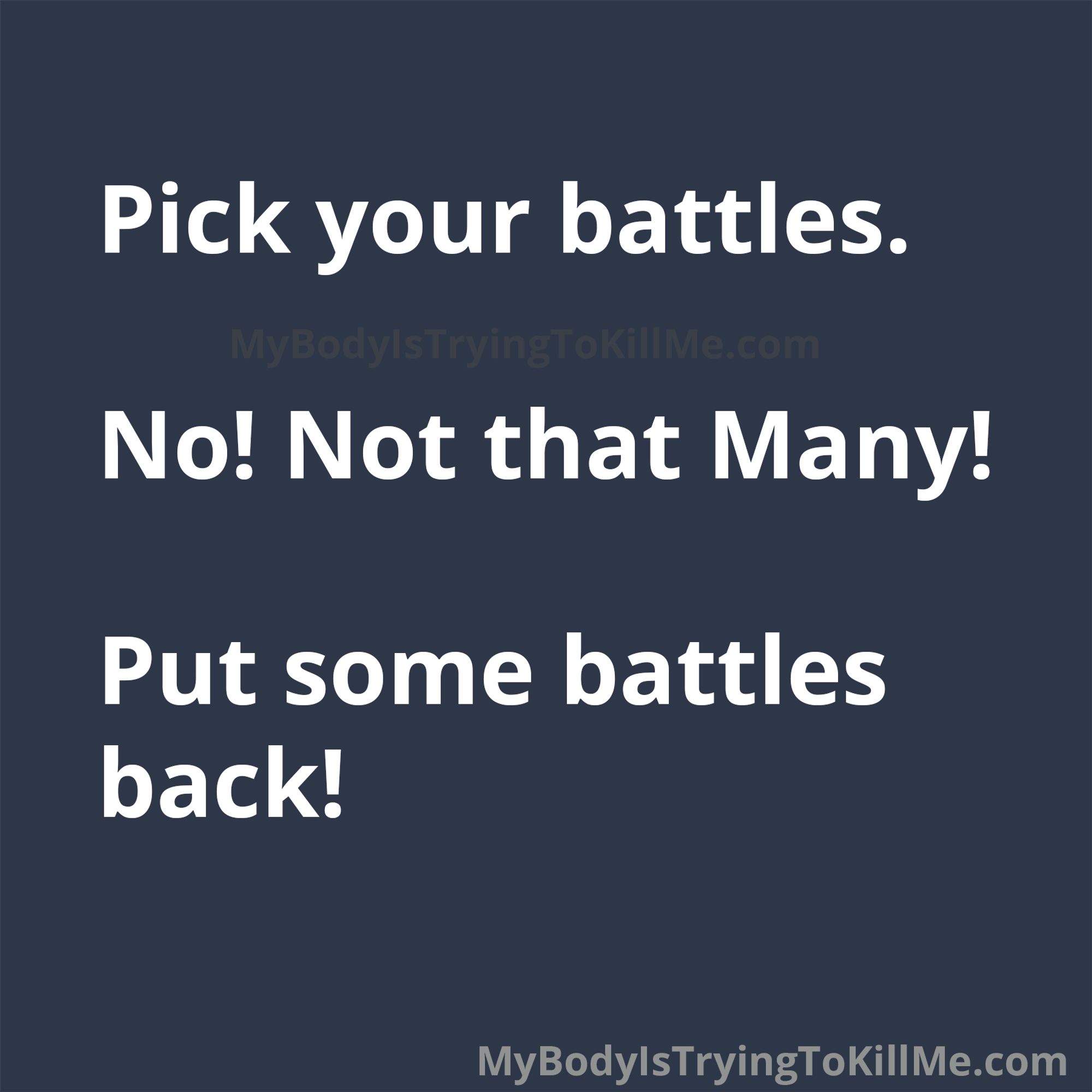 Pick your battles

no! Not that many!

Put some battles back!