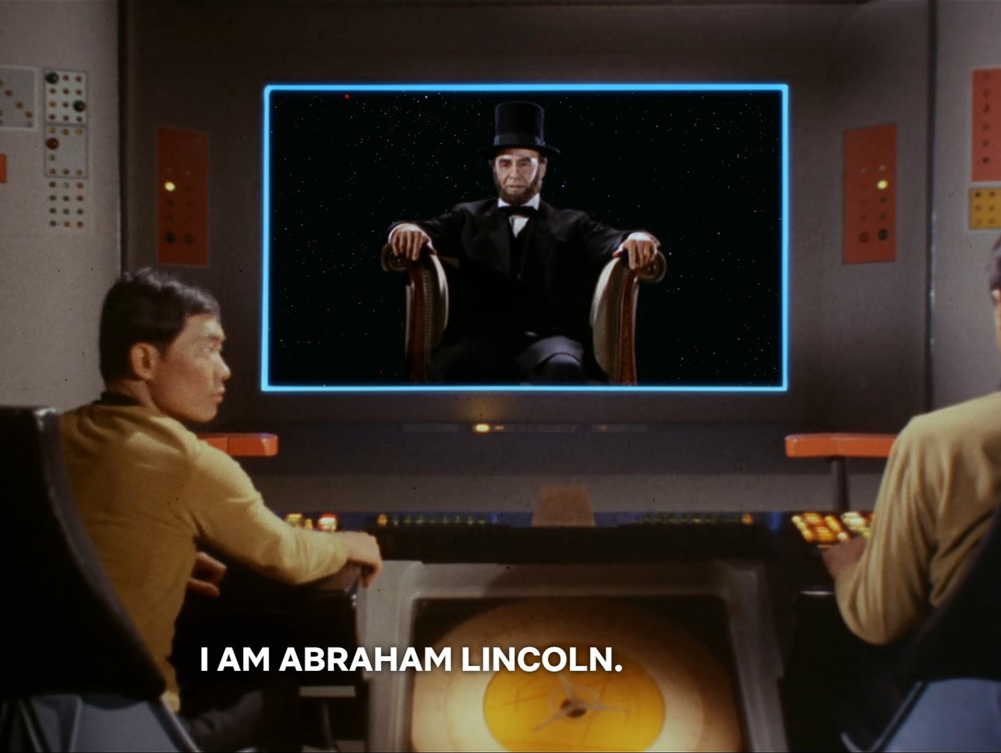 Abraham Lincoln appears to be floating in a chair in space