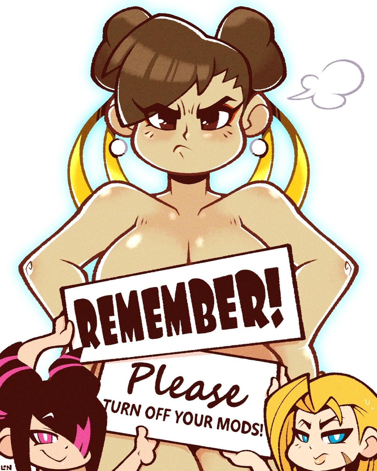 Juri and Cammy holding up signs that say "Remember! Please turn off your mods!", covering up an annoyed Chun-Li. This doodle references a Street Fighter tournament stream (back in 2023) where one competitor forgot to turn off their nude mods, and it became a bit of a thing.