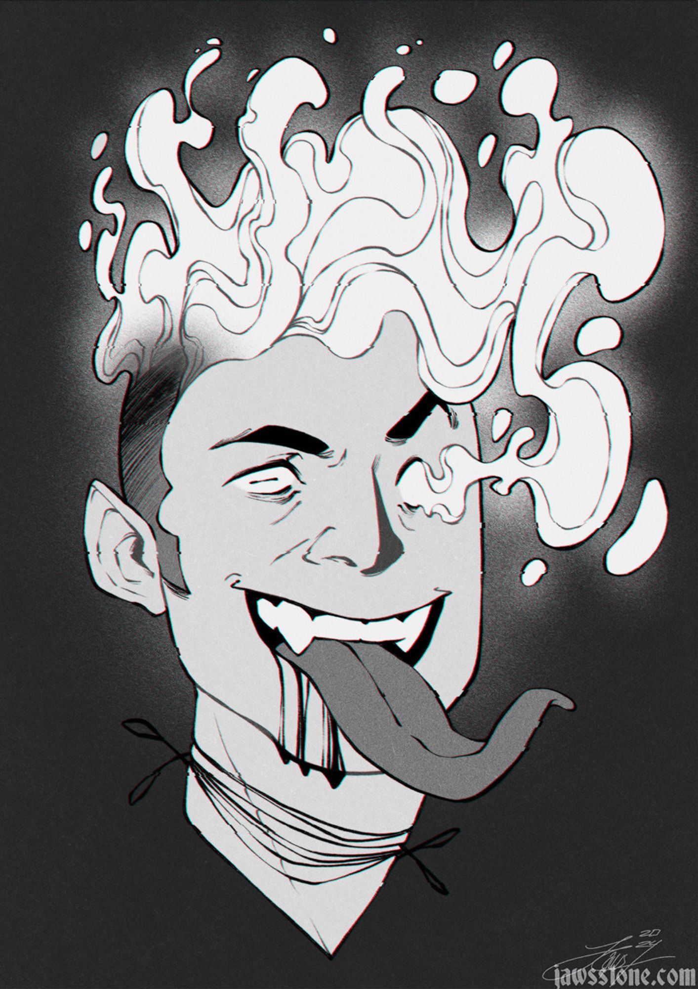 A bw drawing of a floating head with smokey hair, sharp teeth and an oversized tongue sticking out