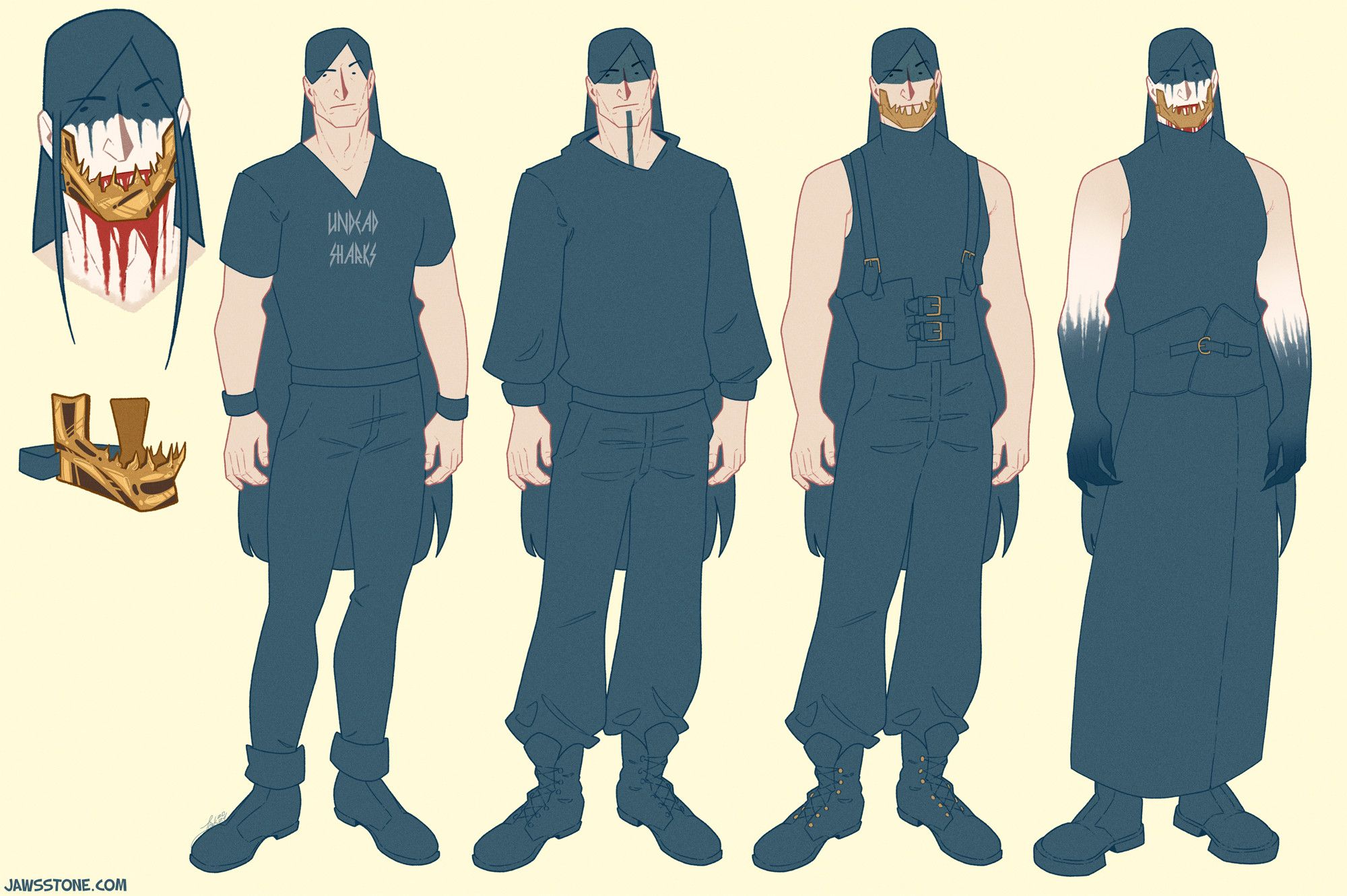 A character sheet of my character Metal Dude/Marshall Dodge. Four different outfits ranging from casual to full stage get up. Also a floating head with detailed stage make up as well as the chromed jaw mask he has.