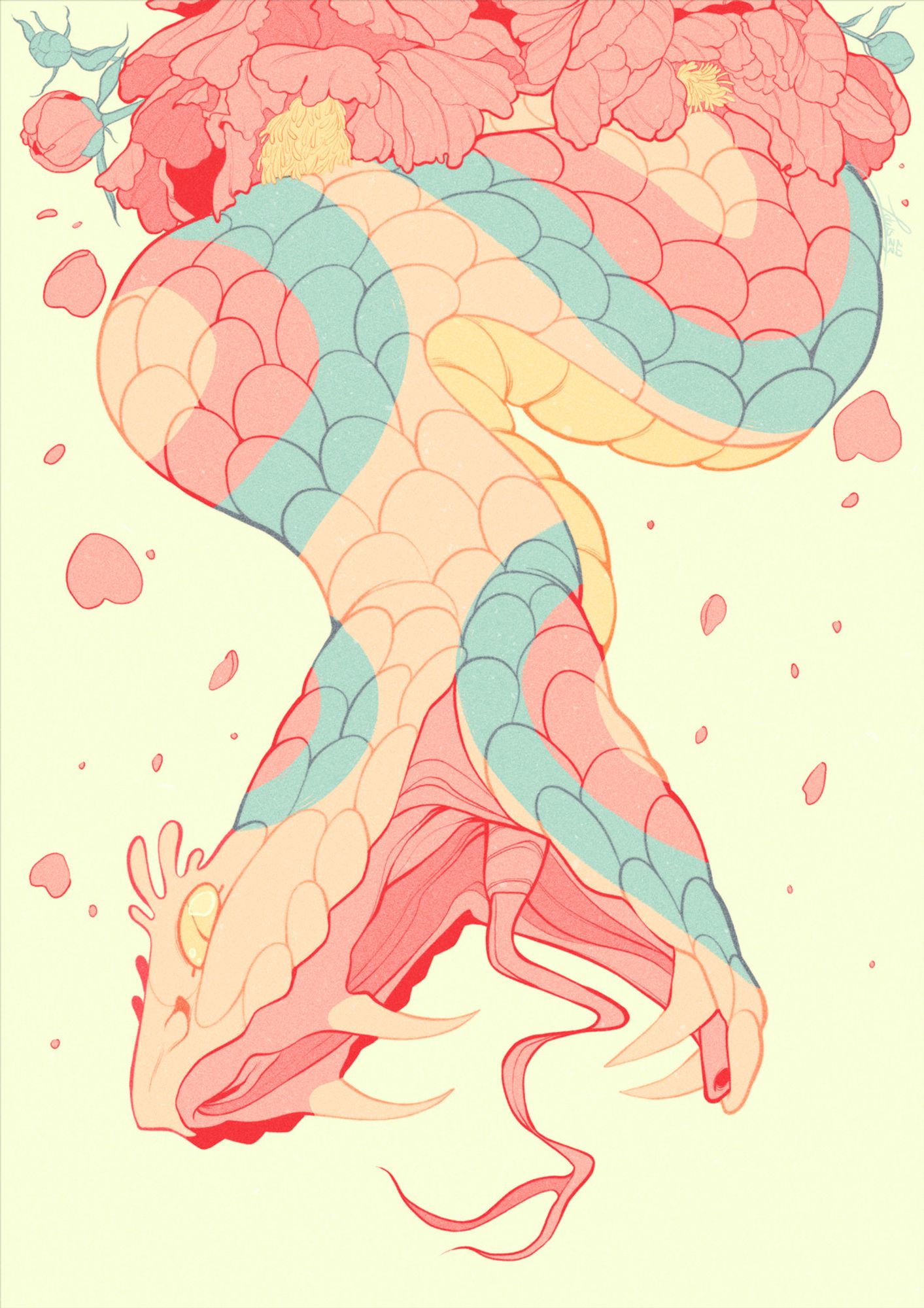 An illustration of a snake jotting out from a group of flowers. Pastel colors