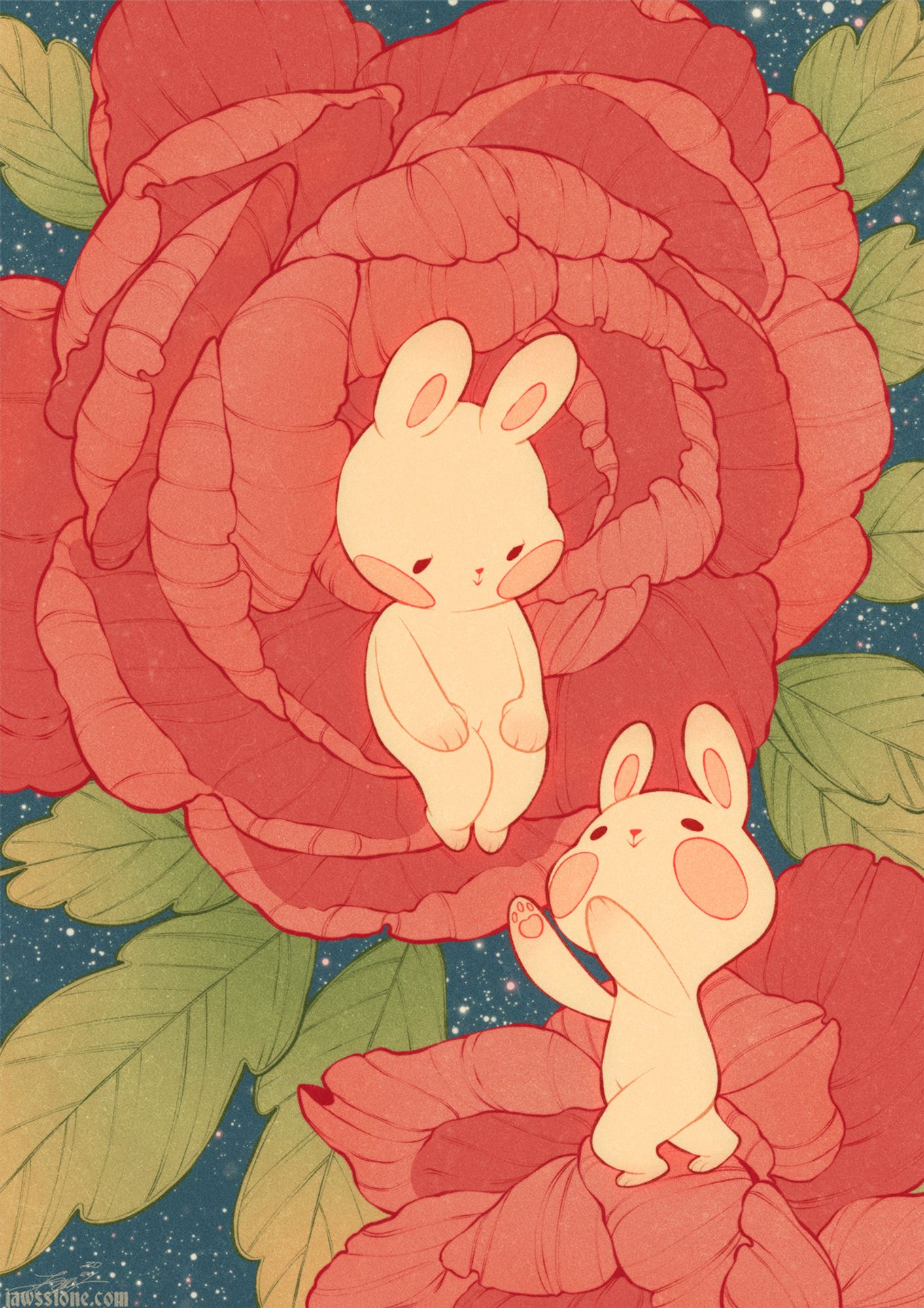 An illustration showing two bunnies. One is standing on a flower, proposing to the other who is sitting inside a flower. The background is a starry blue sky.