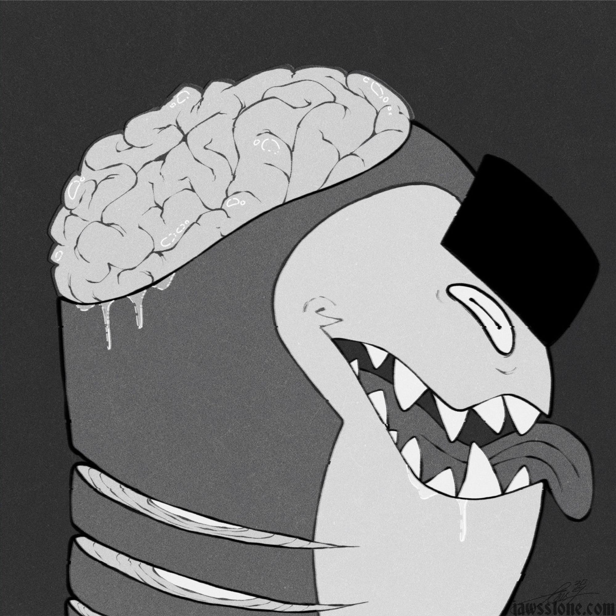 A bw drawing of my sharksona with their brain exposed, a grizzly expression and a sliced back