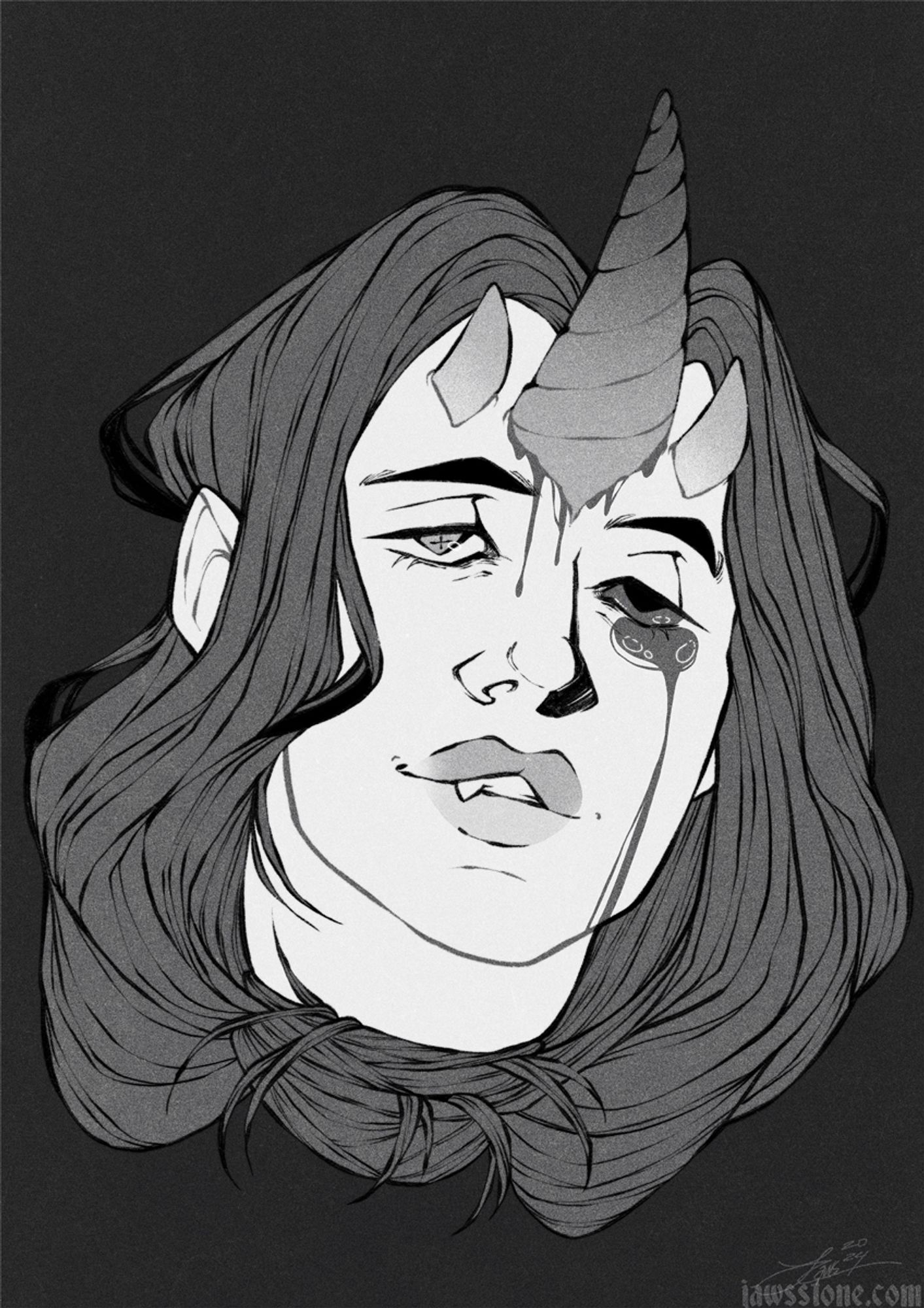 A bw drawing of a floating head, strangled by their own hair. Horns and bloody details