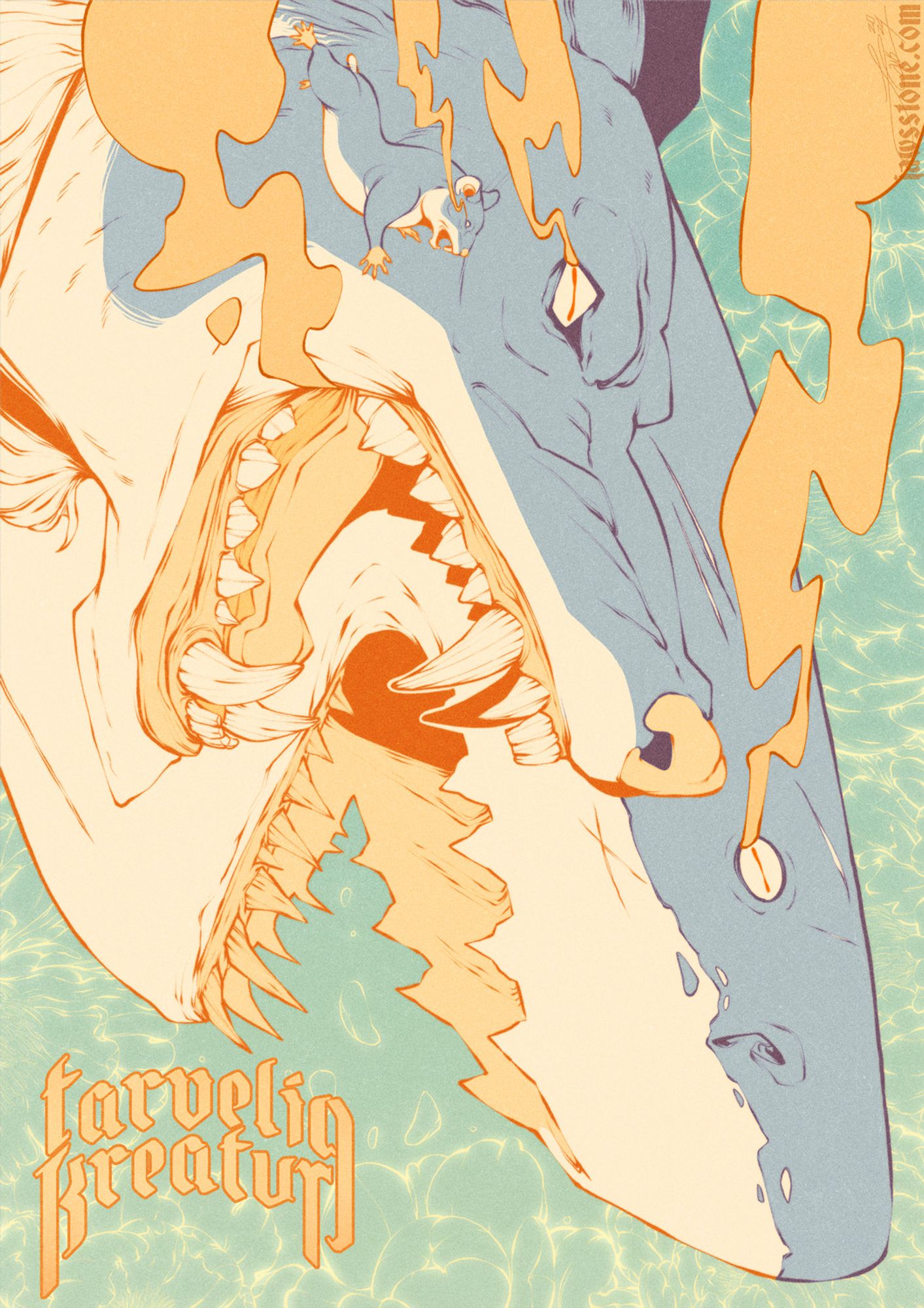 An illustrated poster for my ficitonal band Tarvelig Kreatur. A hamster, wolf and shark