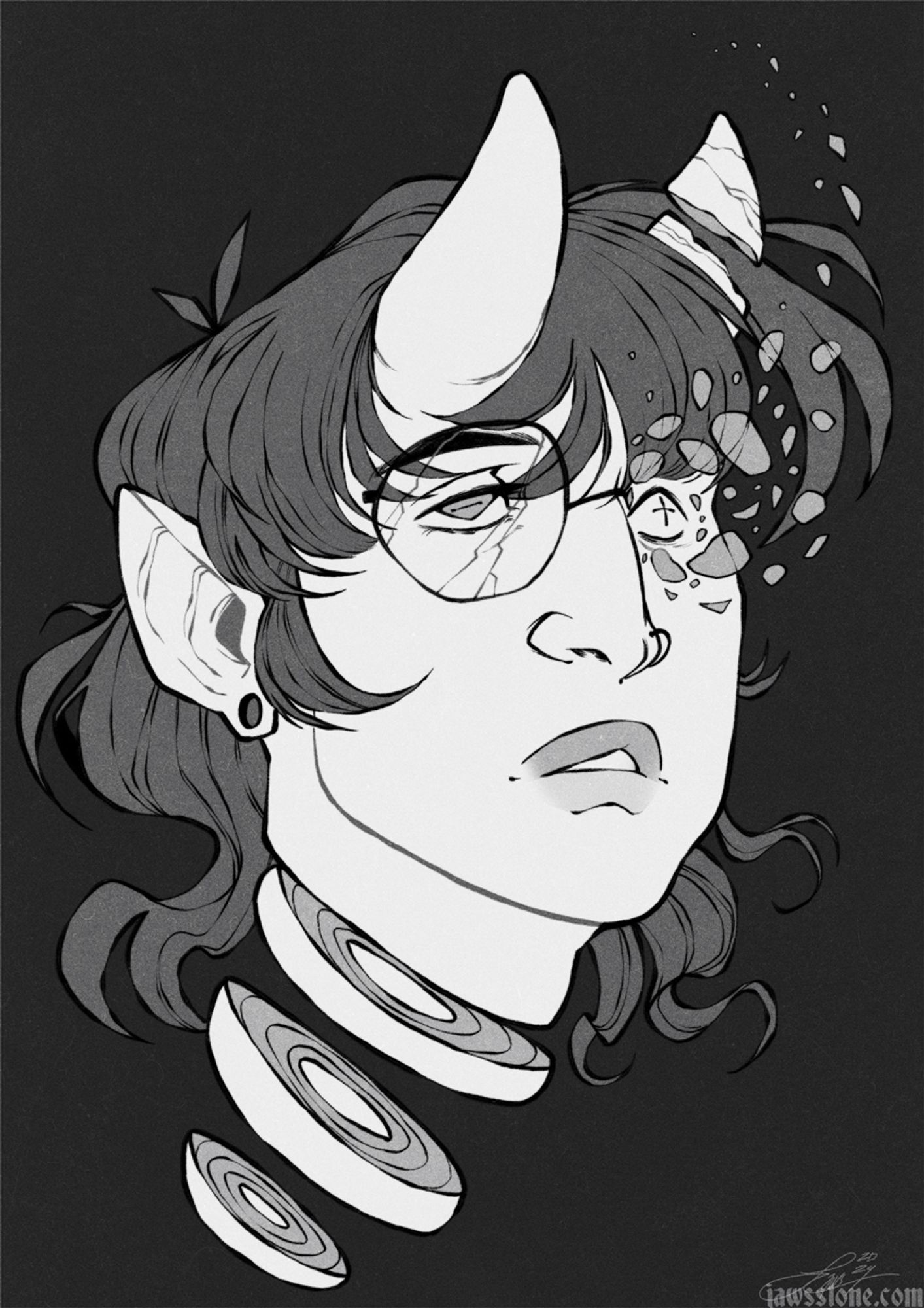 A bw drawing of a floating head with a sliced neck and shattered glasses