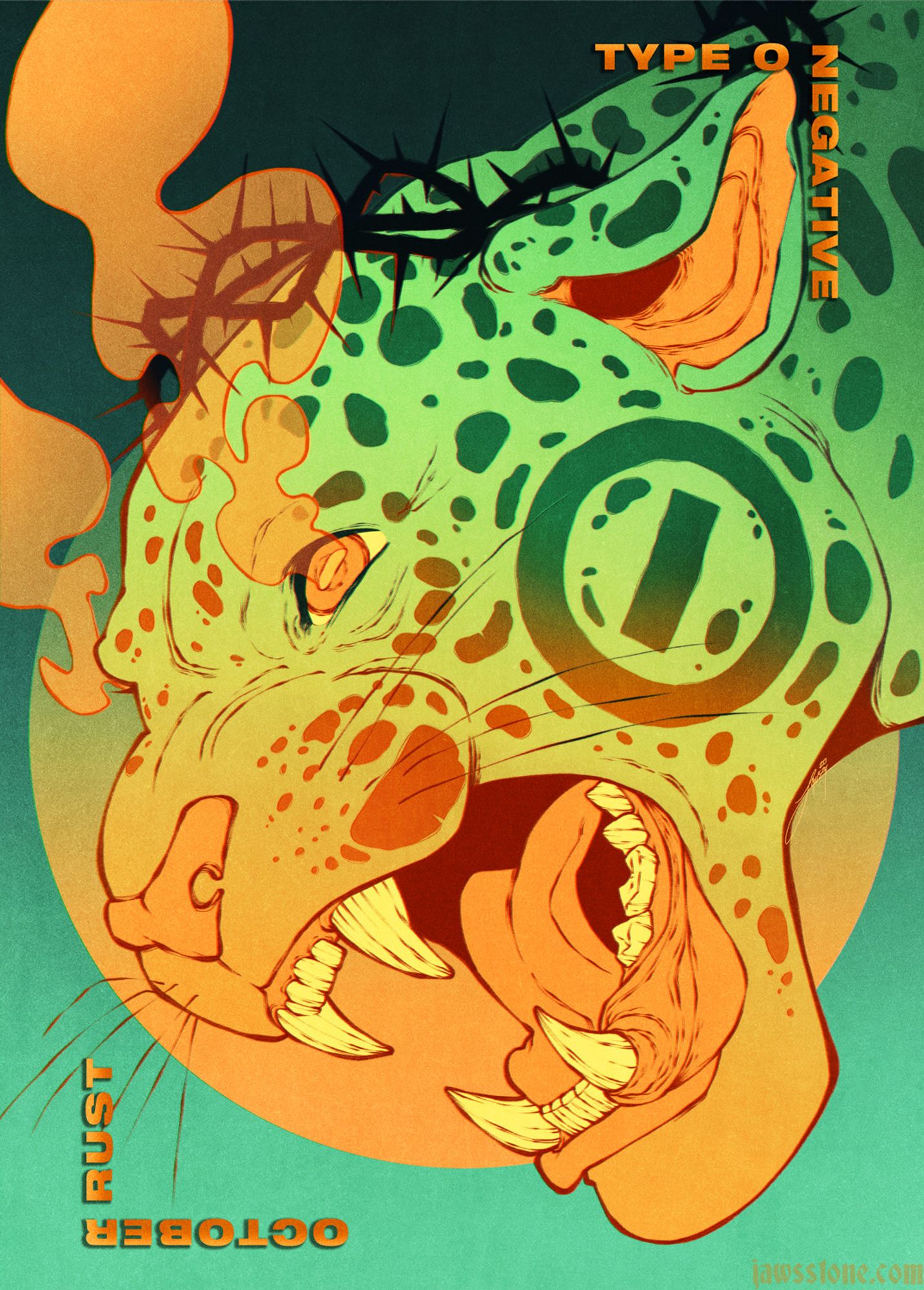 An illustration in tribute of Type O Negative's album "October Rust". A leopard with the band's logo on its cheek, is hissing. It wears a crown of thorns and smoke seeps out of its eyes. Bright colors.