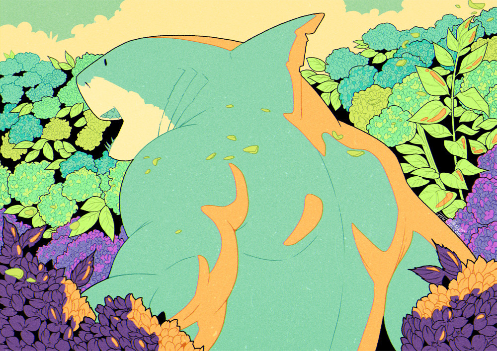 A drawing of a shark man walking amongst a garden of flowers. He looks very happy. 