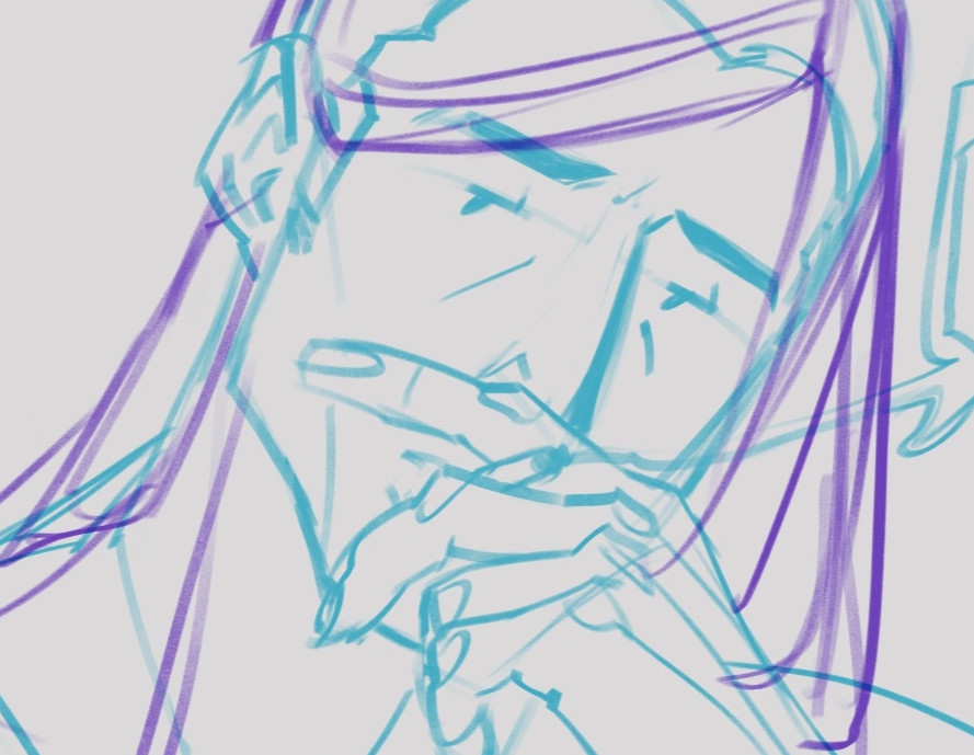 Cropped rough sketch of a man smoking, zoomed in