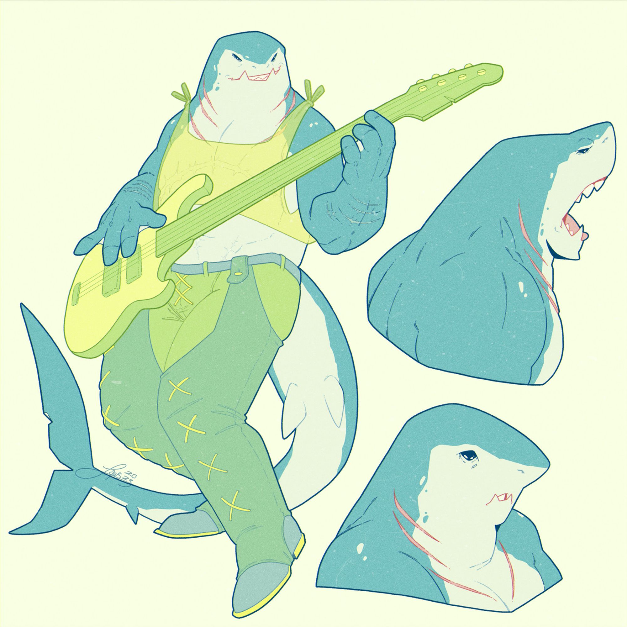 A character design sheet of a shark humanoid playing bass