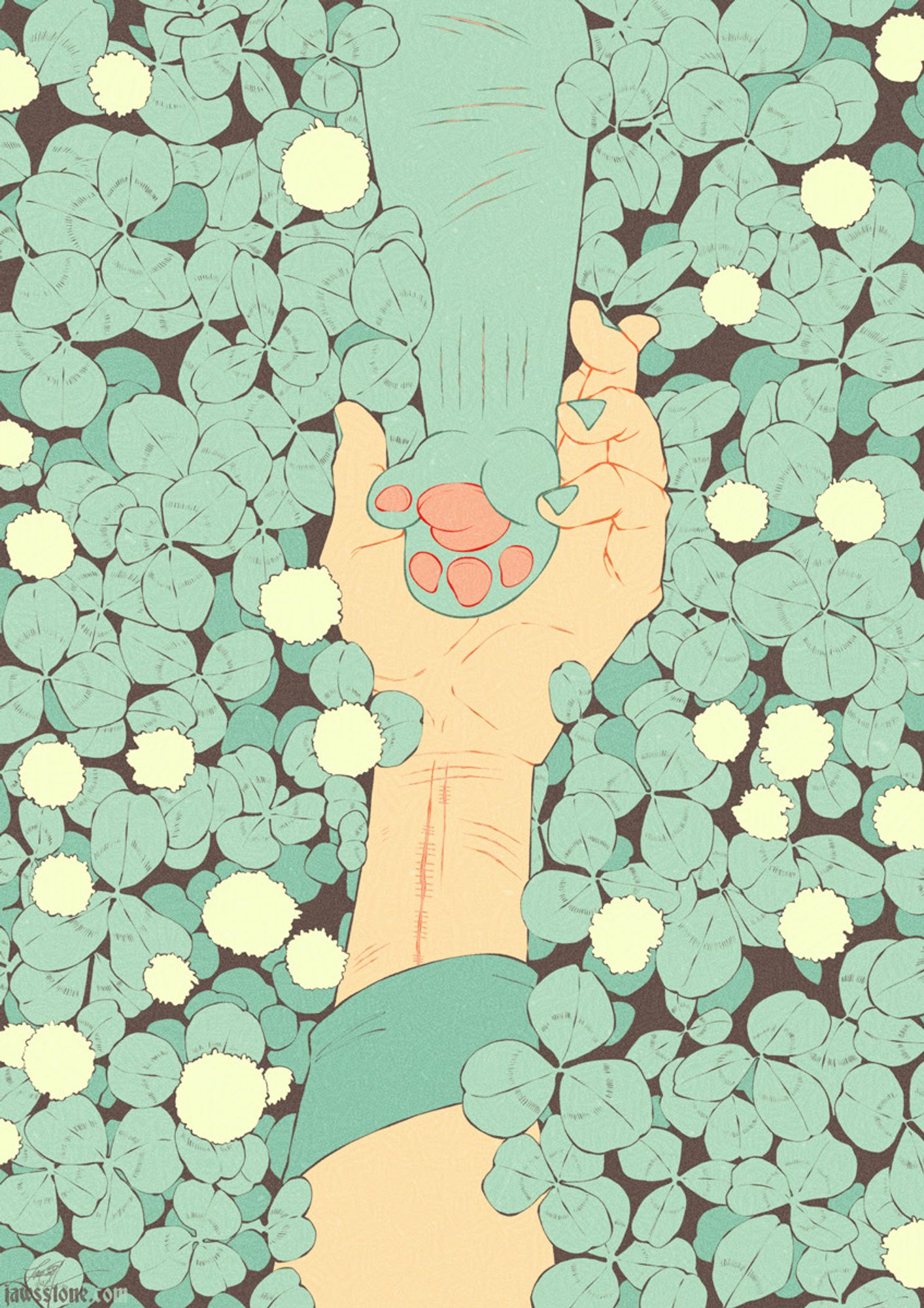 A drawing of MD holding the shark's hand in his palm. They're resting in a field of clovers. Visible old, healed self harm scars on their arms.