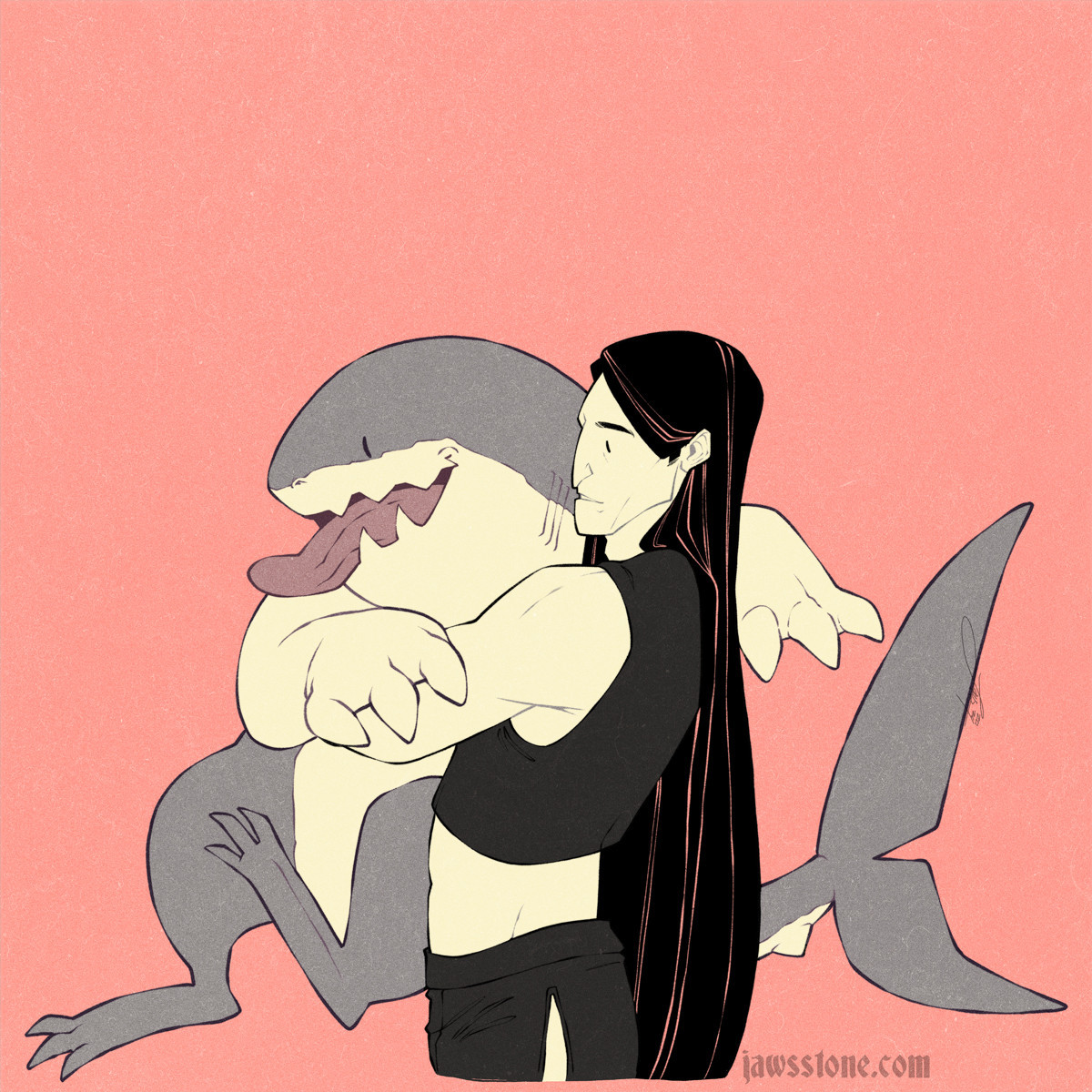 A drawing of a tall metal/goth man holding his shark pet, they both look happy. Bright pink background. 