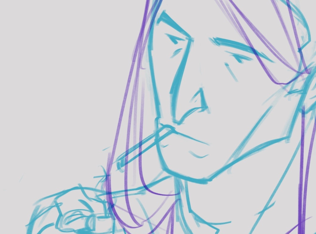 Cropped rough sketch of a man smoking, zoomed in