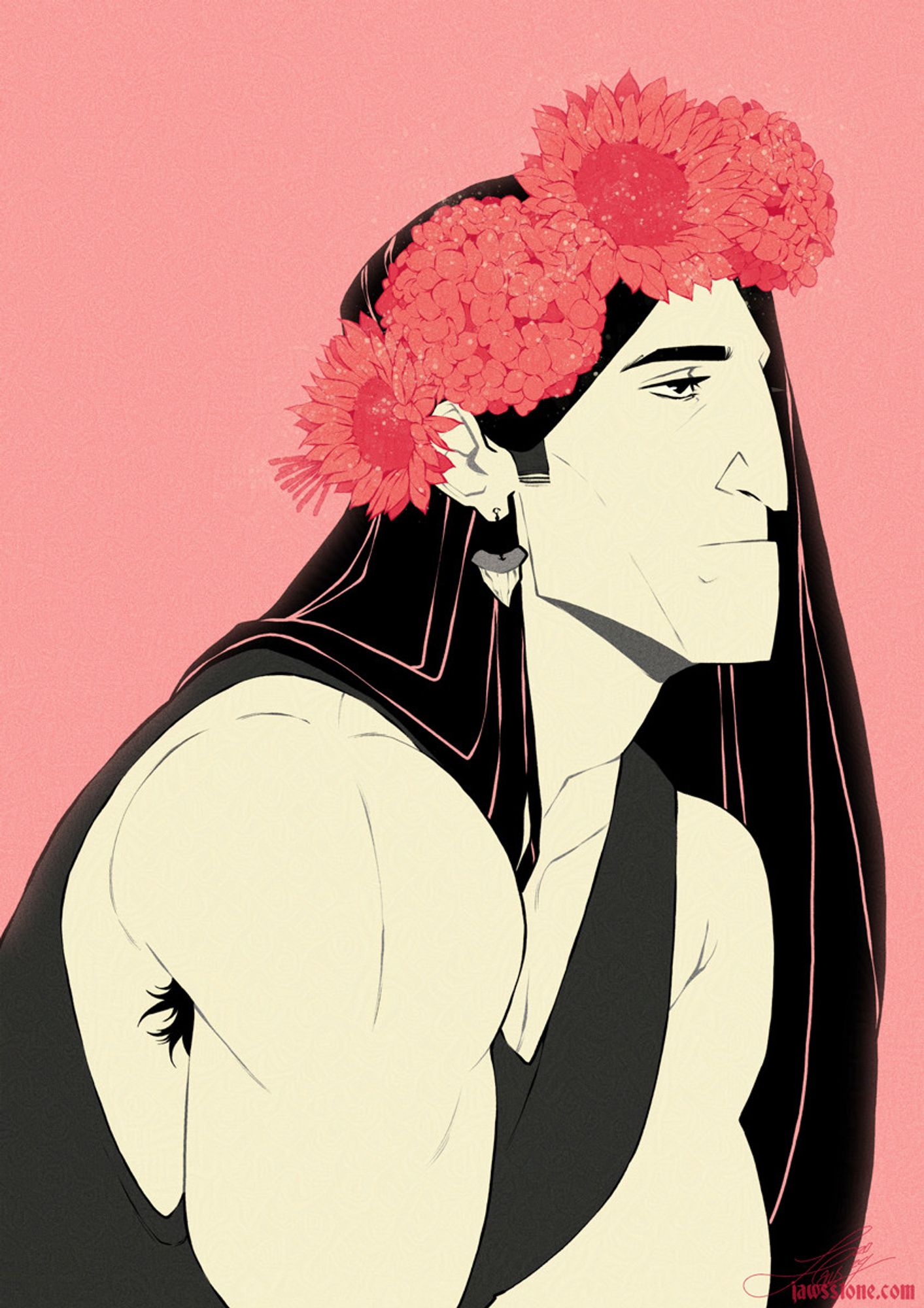 A drawing of Marshall/MD wearing a flower crown and looking like his brooding self