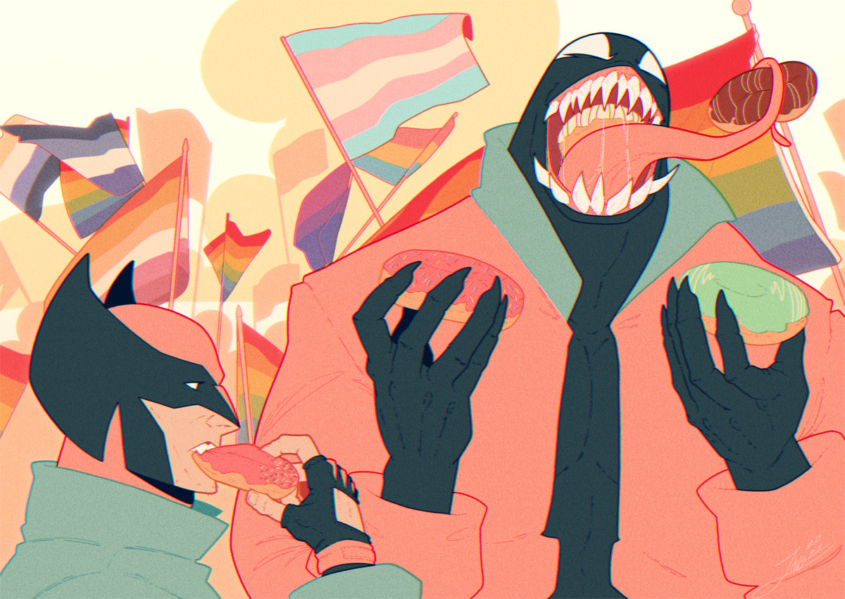 A drawing of two comic book characters at pride, eating donuts, surrounded by pride flags