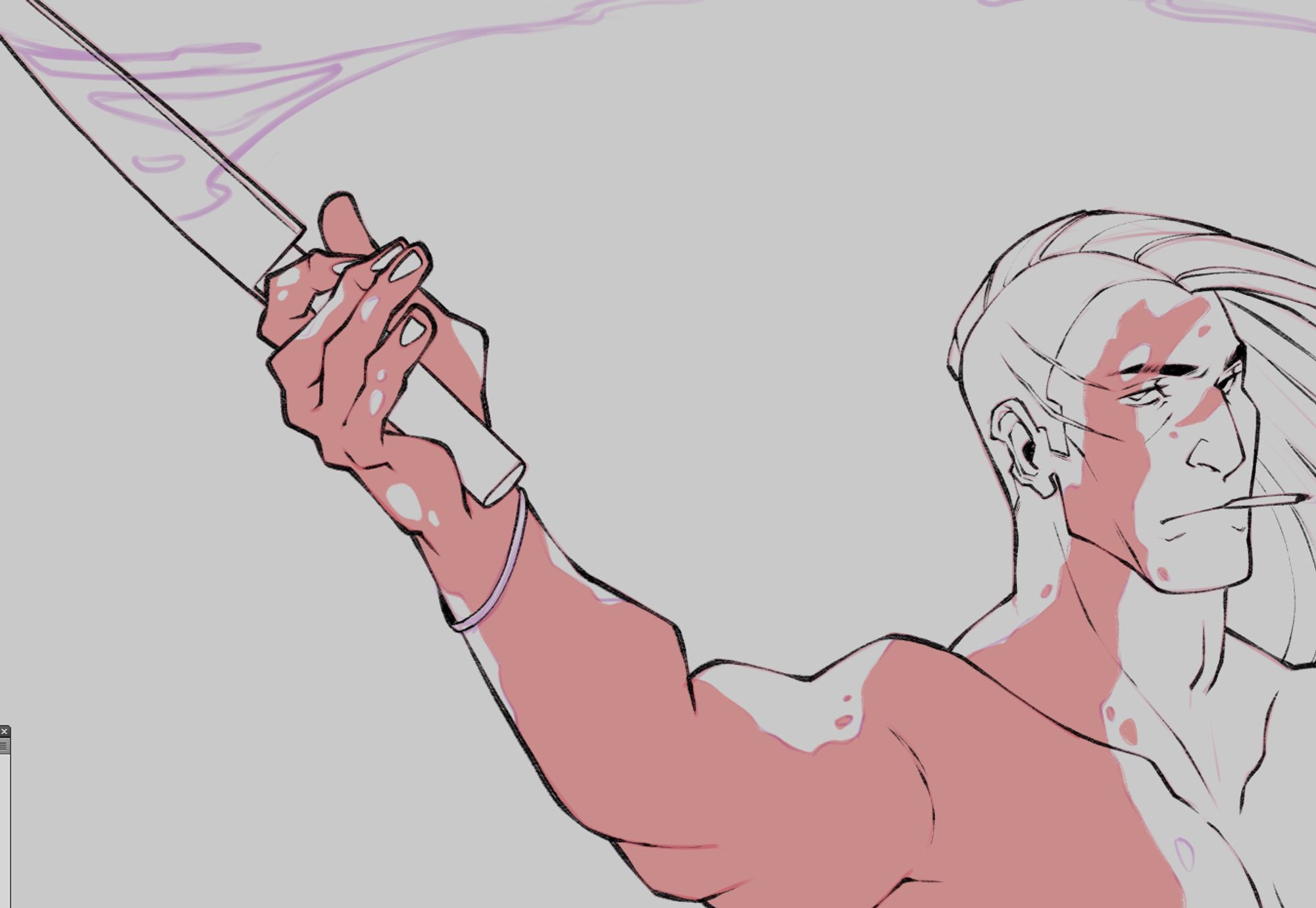 Cropped work in progress of a drawing, depicting my OC Mikhail, wielding a knife