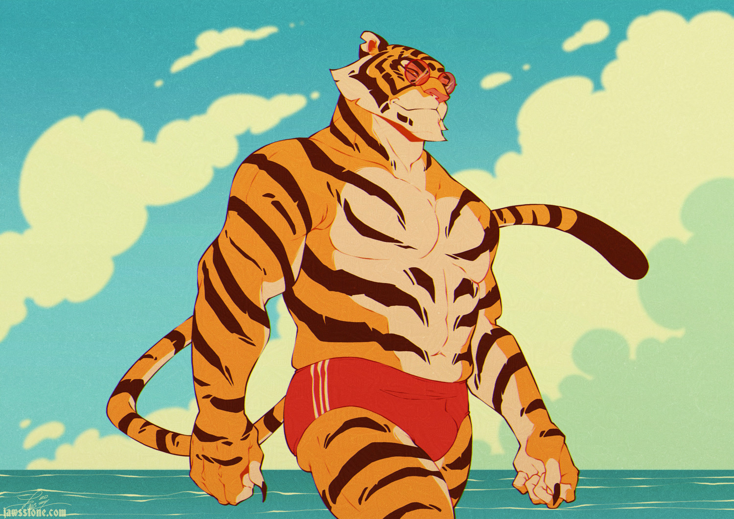 A drawing of a tiger man on the beach, he's wearing read trunks and sunglasses