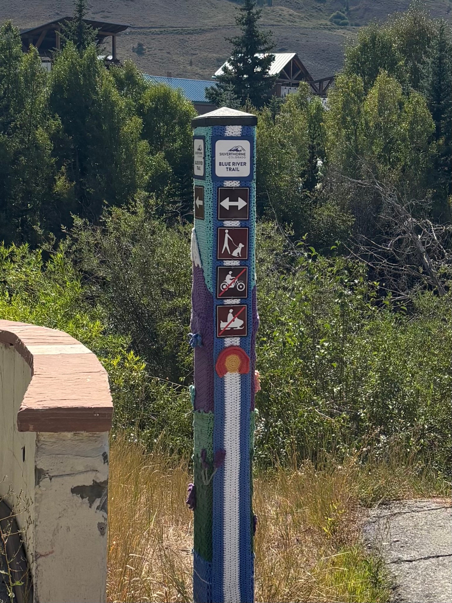 Yarn wrapped trail marker in Dillon, CO. 