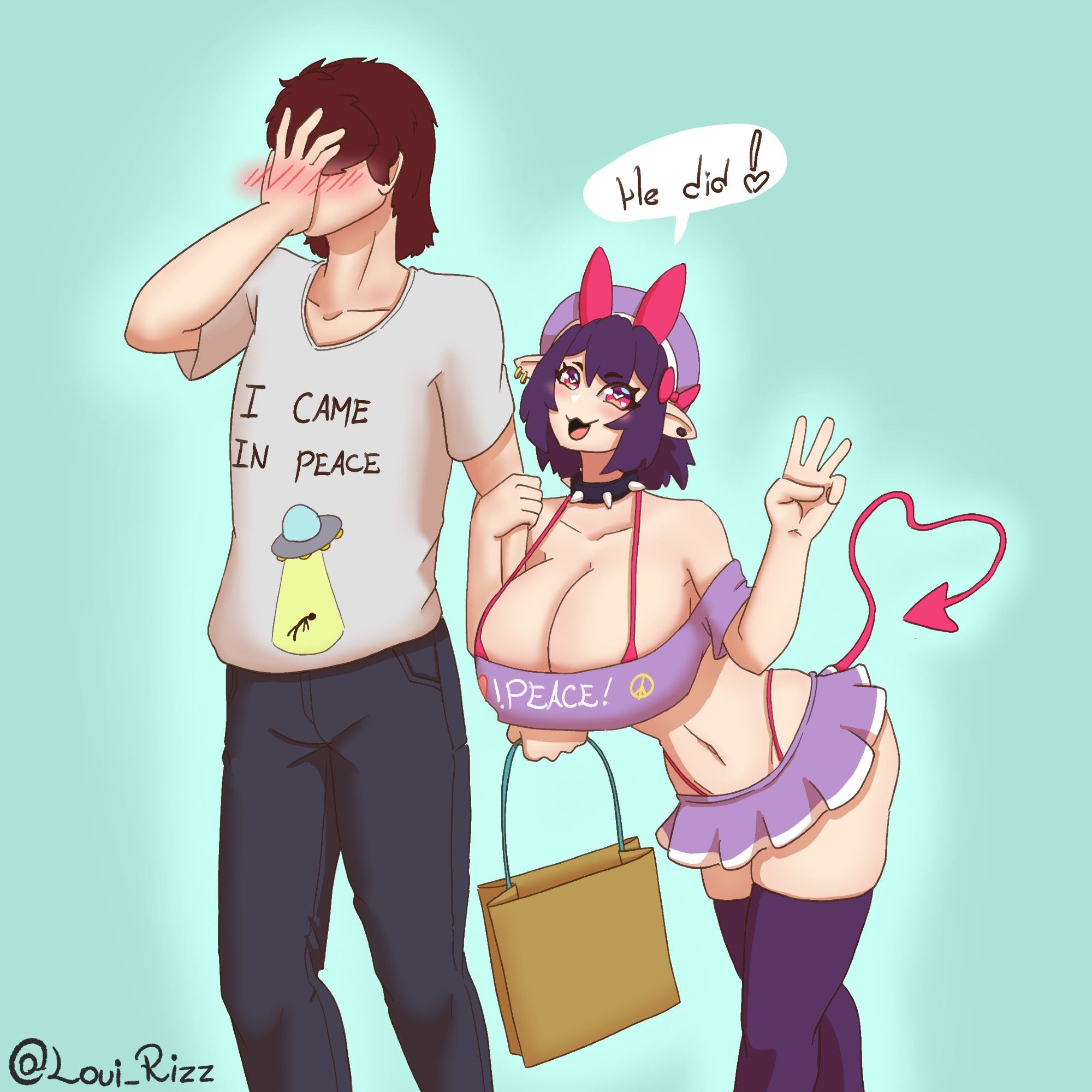 Meu OC Troy com uma blusa escrita "I came in Peace" e a Oc Selene segurando no braço dele com uma blusa escrita "Peace" e afirmando que ele realmente fez isso (sim piada de duplo sentido)