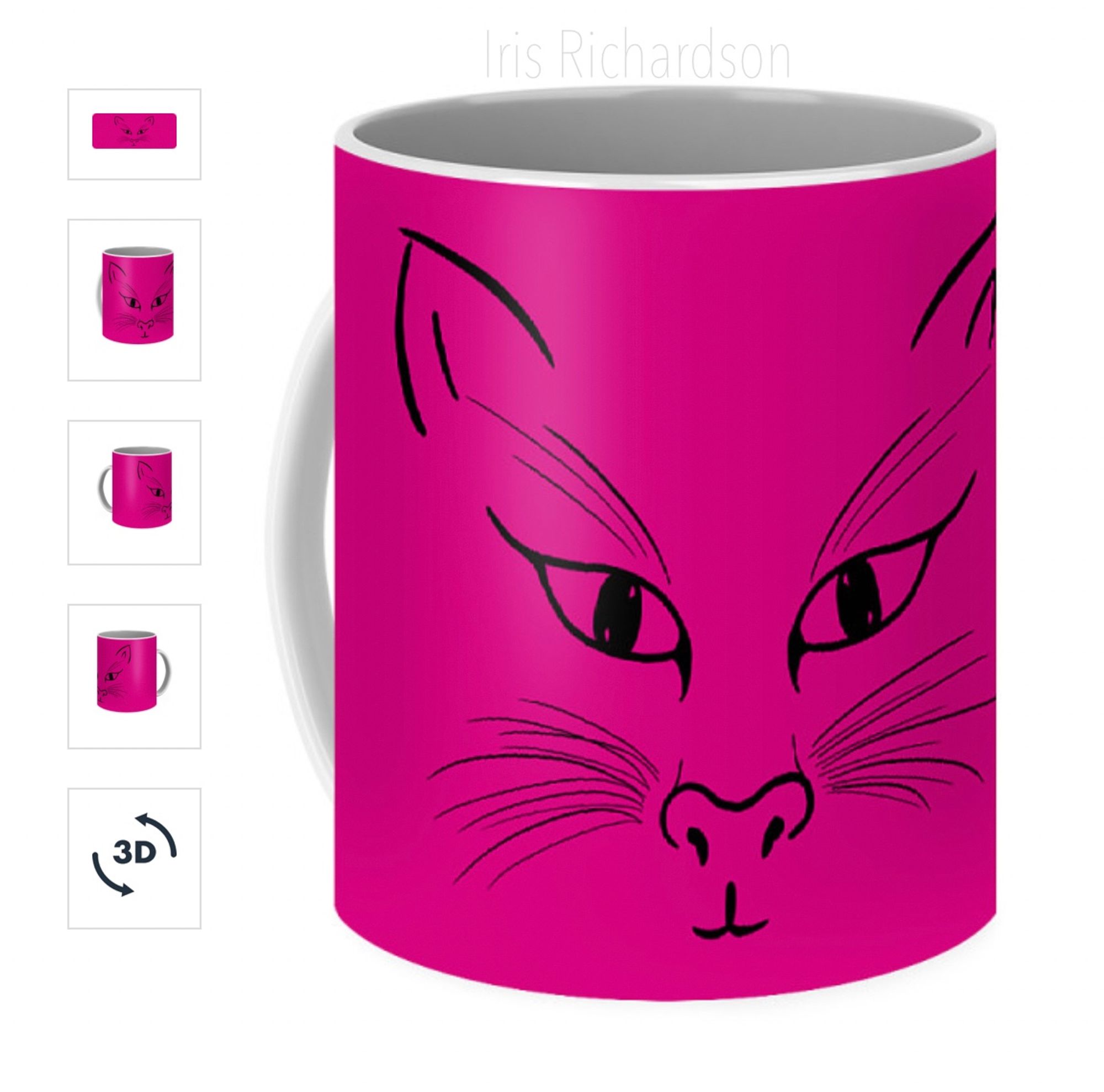 Pink mug with Cat Face Line Art - a happy smiling cat face with lavish whiskers. The background color can be changed and customized. Perfect for all your cat lovers. Artist IrisRichardson, gallery Pixel