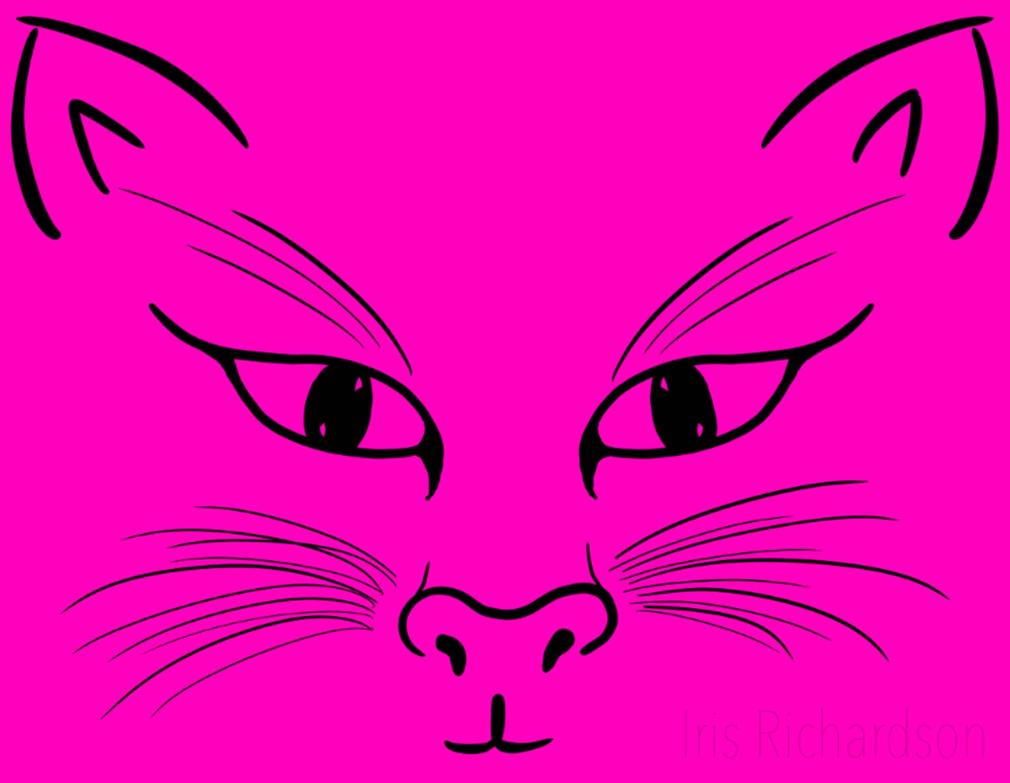 Cat Face Line Art - a happy smiling cat face with lavish whiskers. The background color can be changed and customized. Perfect for all your cat lovers. Artist Iris Richardson, gallery Pixel