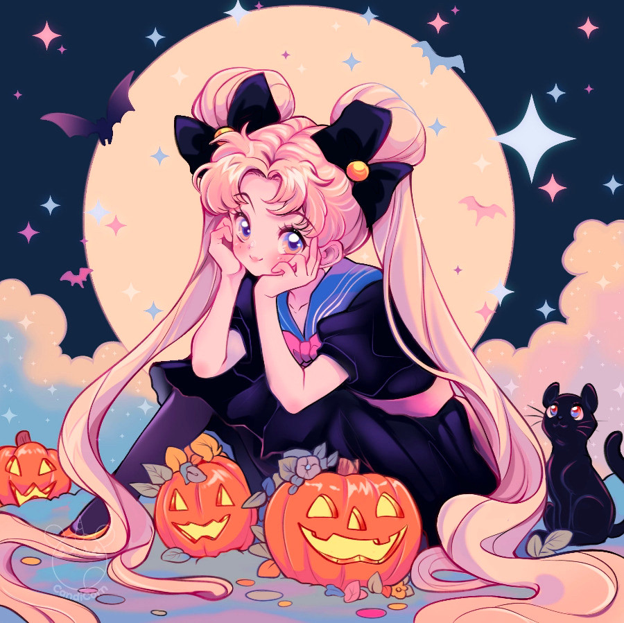 Sailor moon / usagi and Luna sitting in a pumpkin patch with bats on Halloween