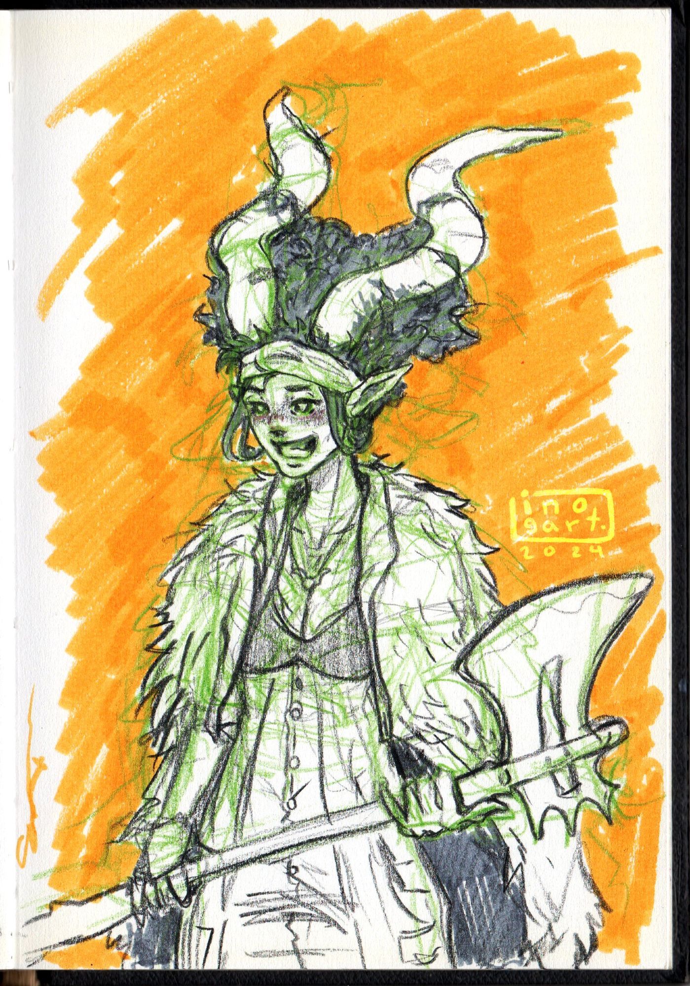 Pencil drawing in a sketchbook page. A girl with long horns, a fur coat and holding an axe.