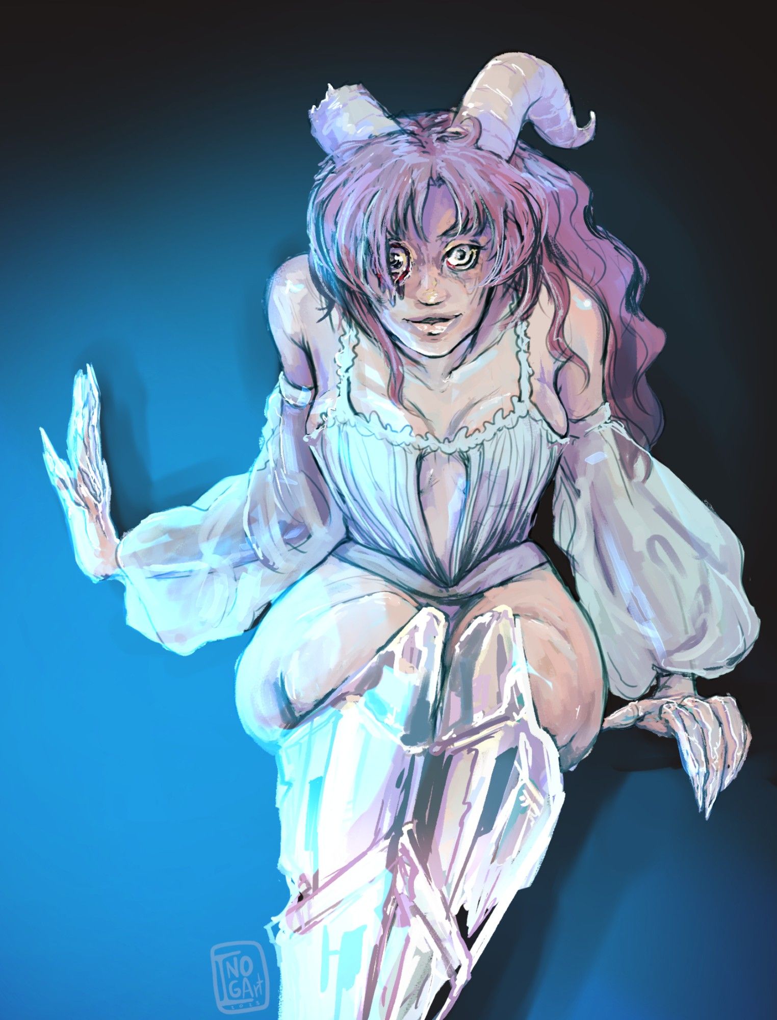 Digital illustration.
A woman with horns, one broken, in a pastel blue corset and glass boots with to her knees.