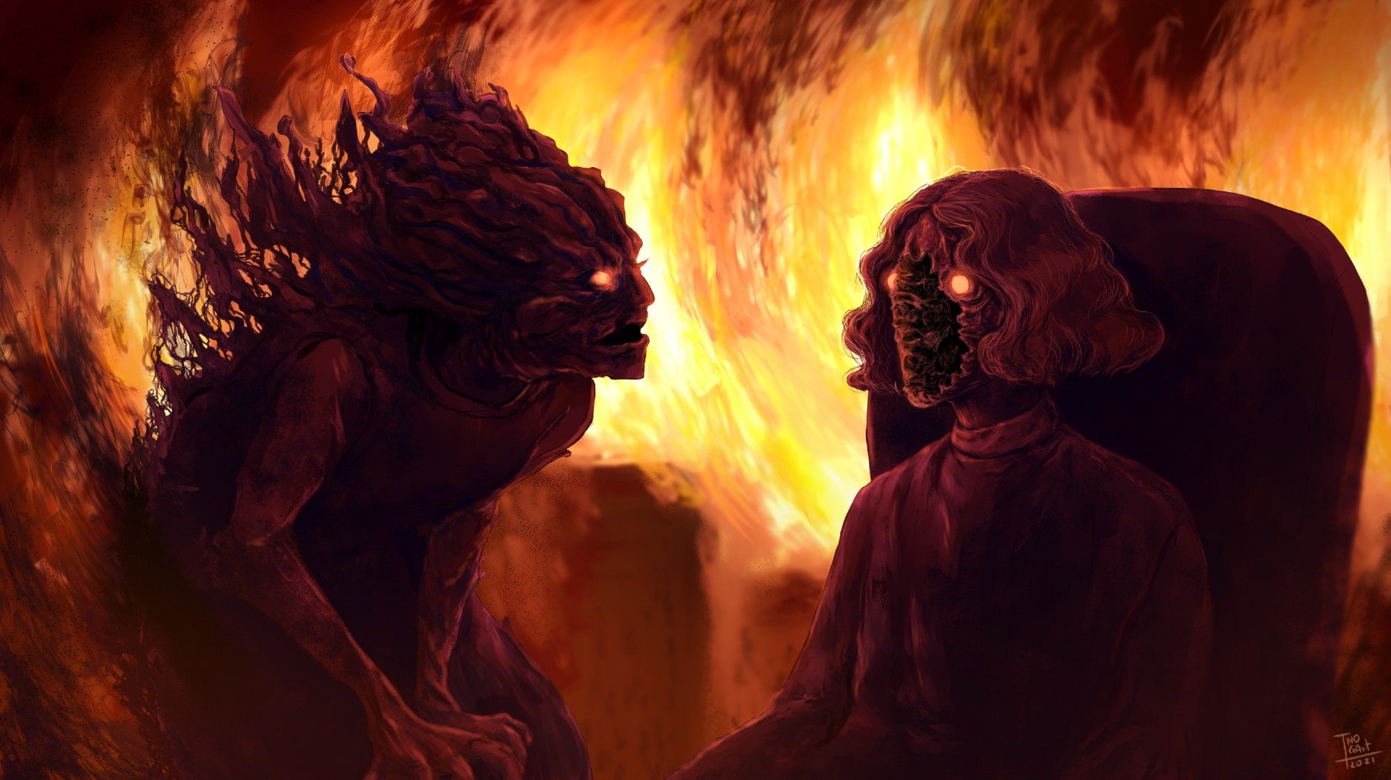 Digital illustration.
A room engulfed in fire and darkness. A person sitting on a couch with no face except bright red glowing eyes. There's a person shaped creature crouching down whispering to the one on the couch.