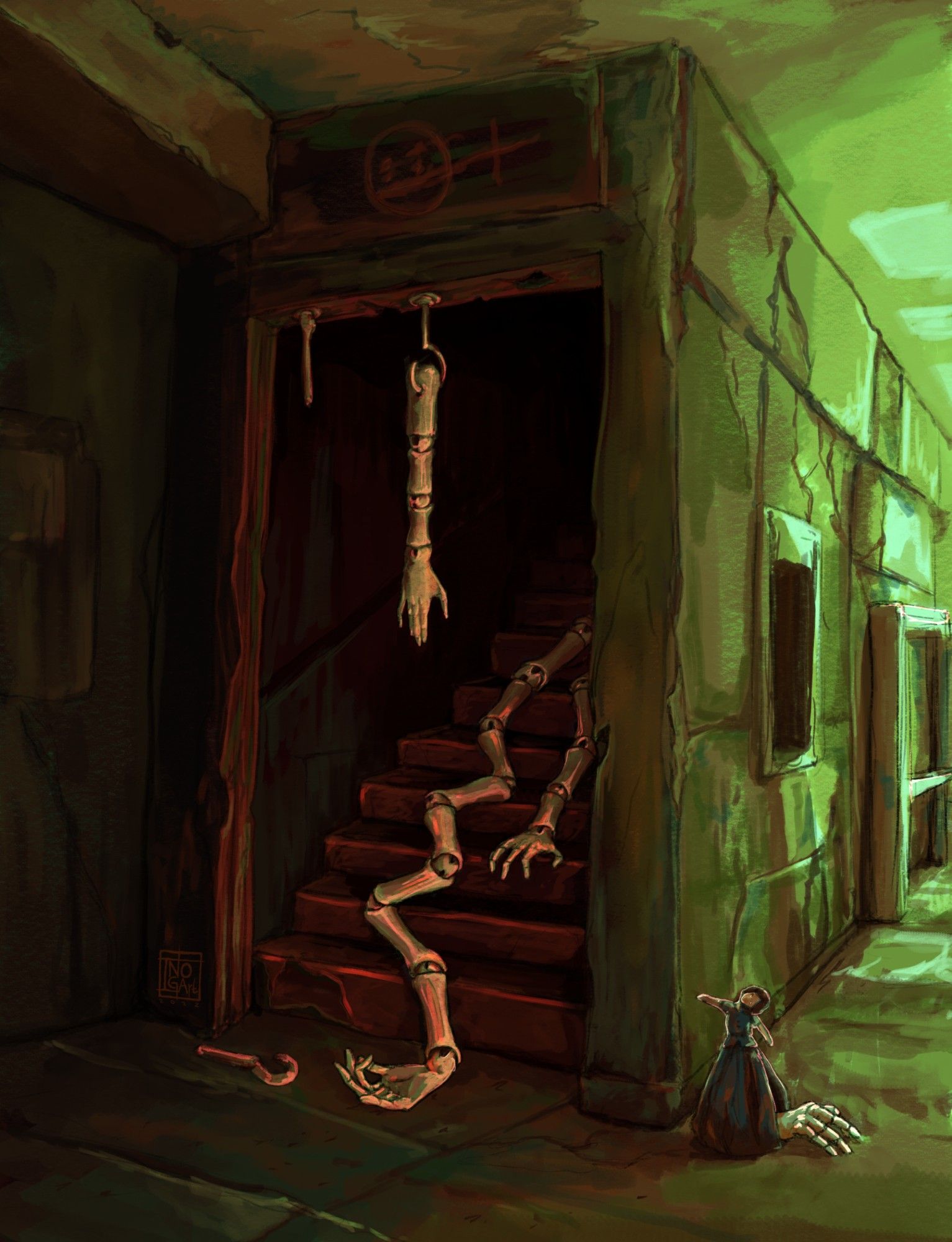 Digital illustration.
A dark dilapidated corridor with an open door that shows very dark stairs. Down those stairs there's very long long manequin arms coming down the stairs. There's a small little doll at the bottom of the stairs pointing towards them.