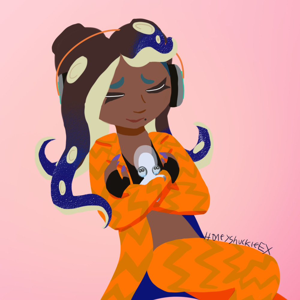 Marina from splatoon holding Smollusk in her arms