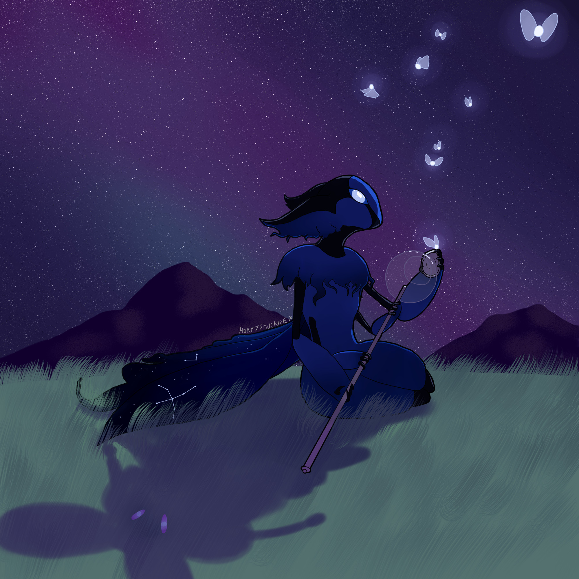 A bug person sits in a field mournfully, releasing fireflies from a staff they were carrying. The fireflies are mingling with the stars and illuminating the person's face and casting a shadow. The shadow is not that of the bug person, but of their sister, who has recently passed away, and who's memory is still painful.