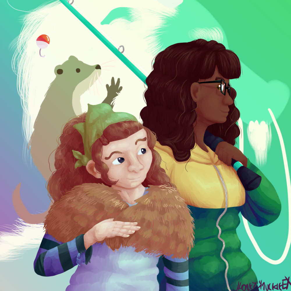 Two women on a gradient background, glancing at each other happily out of the corner of their eyes. In the background their true forms, an otter and a dragon, are similarly positioned.