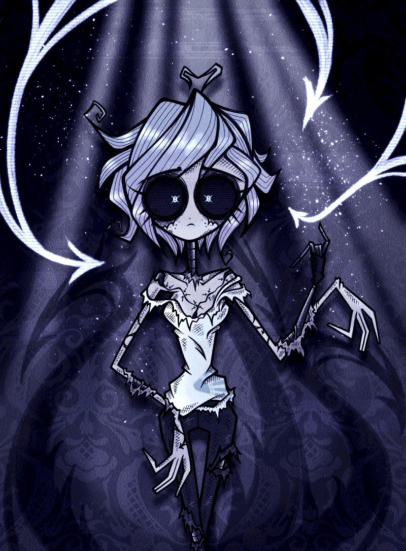 An artwork of Tari, the protagonist of the series "Meta Runner". Tari is in a zombie-fied state, cyborg-like traits and limbs are emerging from beneath her skin which is pale and peeling, coming off in places, akin to wearing a skin suit. Furthermore, her skin is covered in stitches and scars. 
She has short, light blue hair, and large eyes with black sclerae and irises glowing a faint blue. Her clothing, a white tank top and black pants, are tattered.
A cybernetic arm emerges from her left arm, making it seem like she has three hands. 
Behind her, silhouettes of spiny tendrils are visible. She is surrounded by glowing, light blue arrow patterns.
Her expression is gloomy and questioning, the colors are muted and kept in a blue hue.