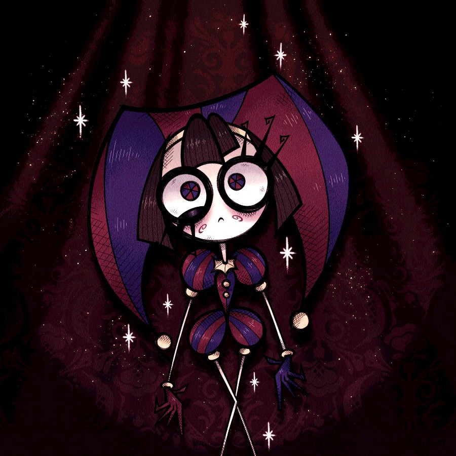 An artwork of Pomni, a jester girl from the series "The Amazing Digital Circus". She has short, straight brown hair, and large eyes, with pupils resembling pinwheels patterned red and blue. 
She is wearing a large jester hat and a matching jester's costume, in red, blue and yellow. She stands with her back to the wall, a red background, and seems to stare slightly upwards. The artstyle is gloomy; with gangly limbs and large eyes.