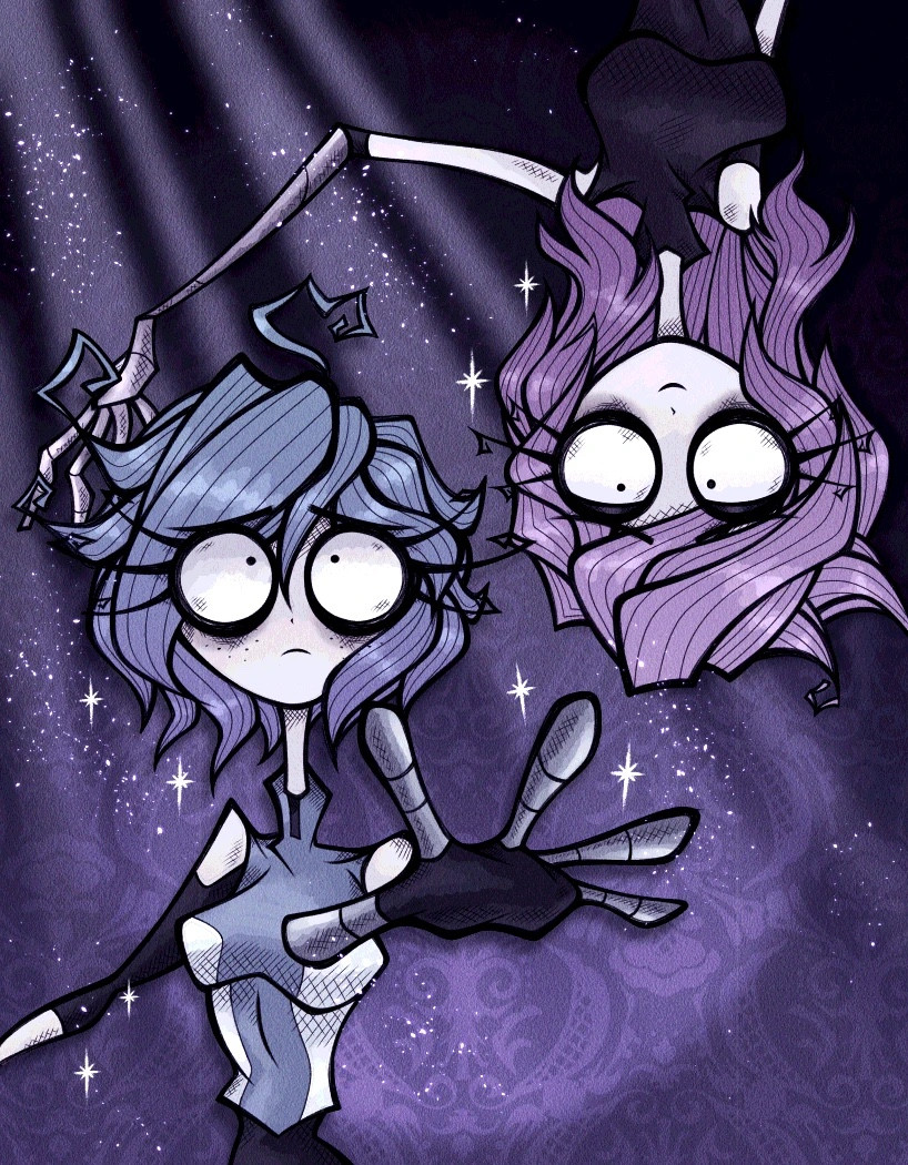 An artwork of Tari and Lucinia, two girls from the series "Meta Runner".

On the left is Tari; she has short, blue hair and a cybernetic left hand which reaches out to the viewer.

On the right, and upside down, is Lucinia; she has long, purple hair, and also possesses a cybernetic left arm which reaches towards Tari.