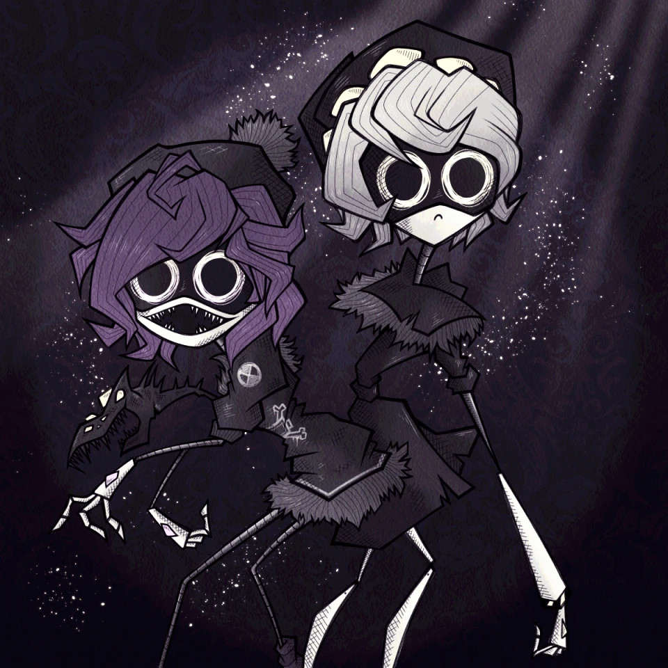 An artwork of Uzi and N, characters from the series "Murder Drones". They are both robots - Uzi is a feminine presenting worker drone, and N is a masculine presenting disassembly drone (or murder drone). 

Uzi stands on the left, hunched over. She has short purple hair and wears a black beanie and hoodie. Her expression is of a large, toothy open-mouthed smile, with wide eyes. She possesses a tail which has many yellow eyes and a fanged maw. 

N stands on the right, slightly hunched posture. He has white hair and wide, yellow eyes. He is wearing a black pilot hat and a matching black winter coat.

The colors of the artwork are dark and muted.