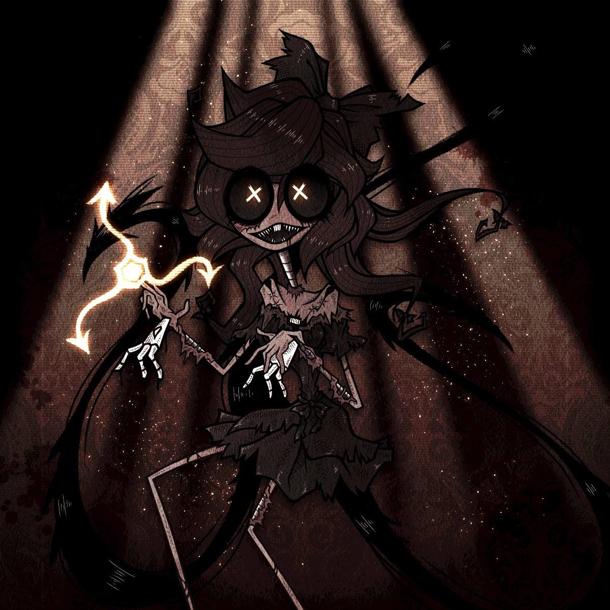 An artwork depicting Cyn, a character from Murder Drones.
Cyn is depicted as a humanoid robot, albeit she is wearing human skin, therefore resembles a human, stitched-together corpse; this skin covers and forms her face, as well as most of her body, with tears where her robotic limbs show through. She has four hands - the human hands of the skin she is wearing, and the robotic hands showing through underneath. Her eyes are large and completely black, with glowing yellow X-shaped pupils. Her expression is  a wide, toothy, deranged smile. Her robotic shell shows through in a hole on her chest, with a display that shows her identification designation as a worker drone (Number 1001). Her posture is slightly hunched. A glowing sigil, the symbol of the Absolute Solver, emanates from her left hand's fingertips. She is wearing a tattered black gown and a large black hair bow in her dark brown, almost black, hair. Her skin is medium brown, but the colors are washed out and desaturated, as it is the skin of a corpse.
Black tendrils emerge from behind her. She stands against a dark brown background, but amidst beams of light from above.
Her limbs are long and spindly, this is a stylistic choice.