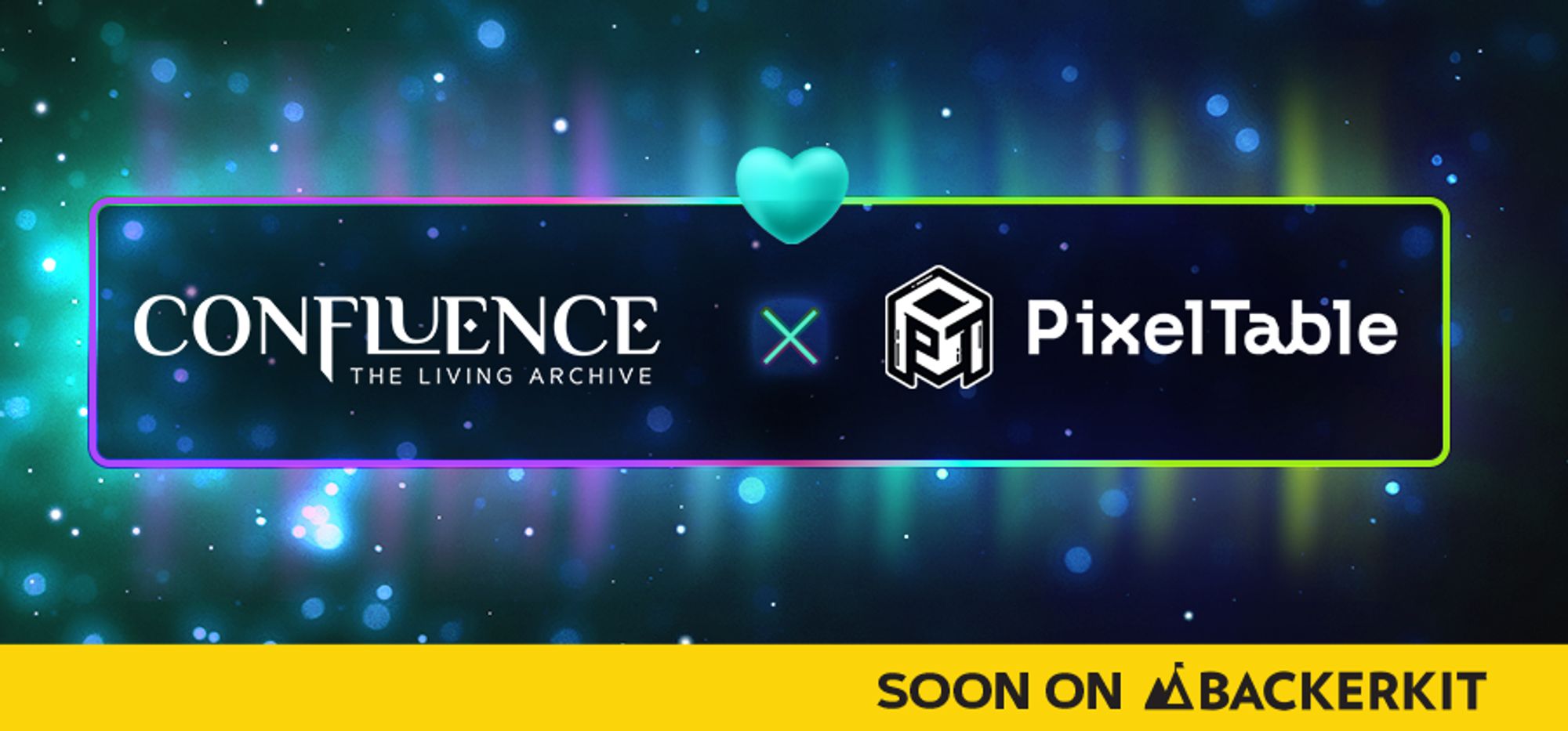 the logos of confluence rpg and pixeltable are shown off in this showcase, with a green heart in the middle of the logos against a colorful bokeh background