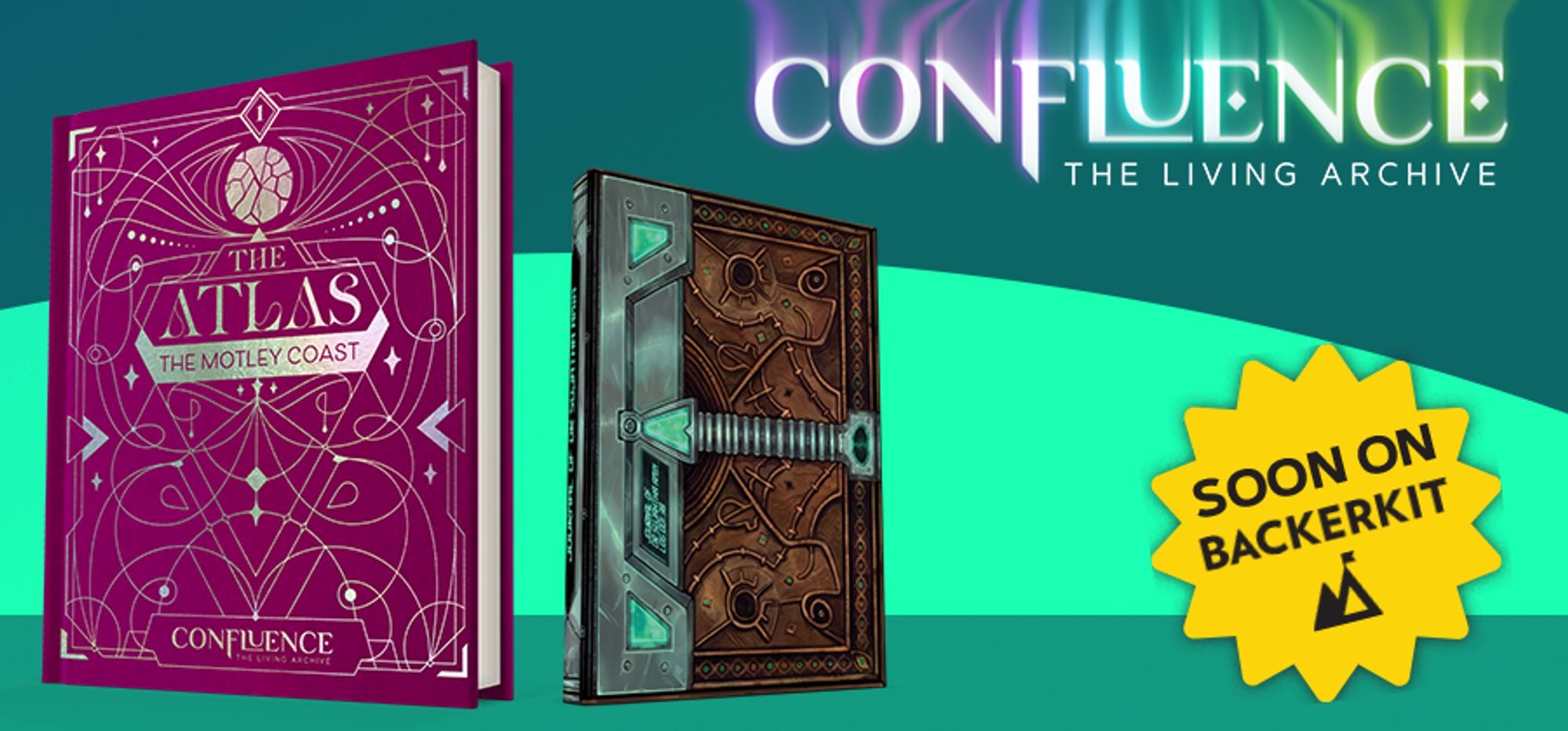 a post featuring the covers of the settings books for CONFLUENCE rpg. on the left is a magenta covered book, with holographic geometric features. the cover is titled "The Atlas: The Motley Coast." on the right is a book that looks like it is made of leather but has tech looking properties. it is sujatha's journal. 