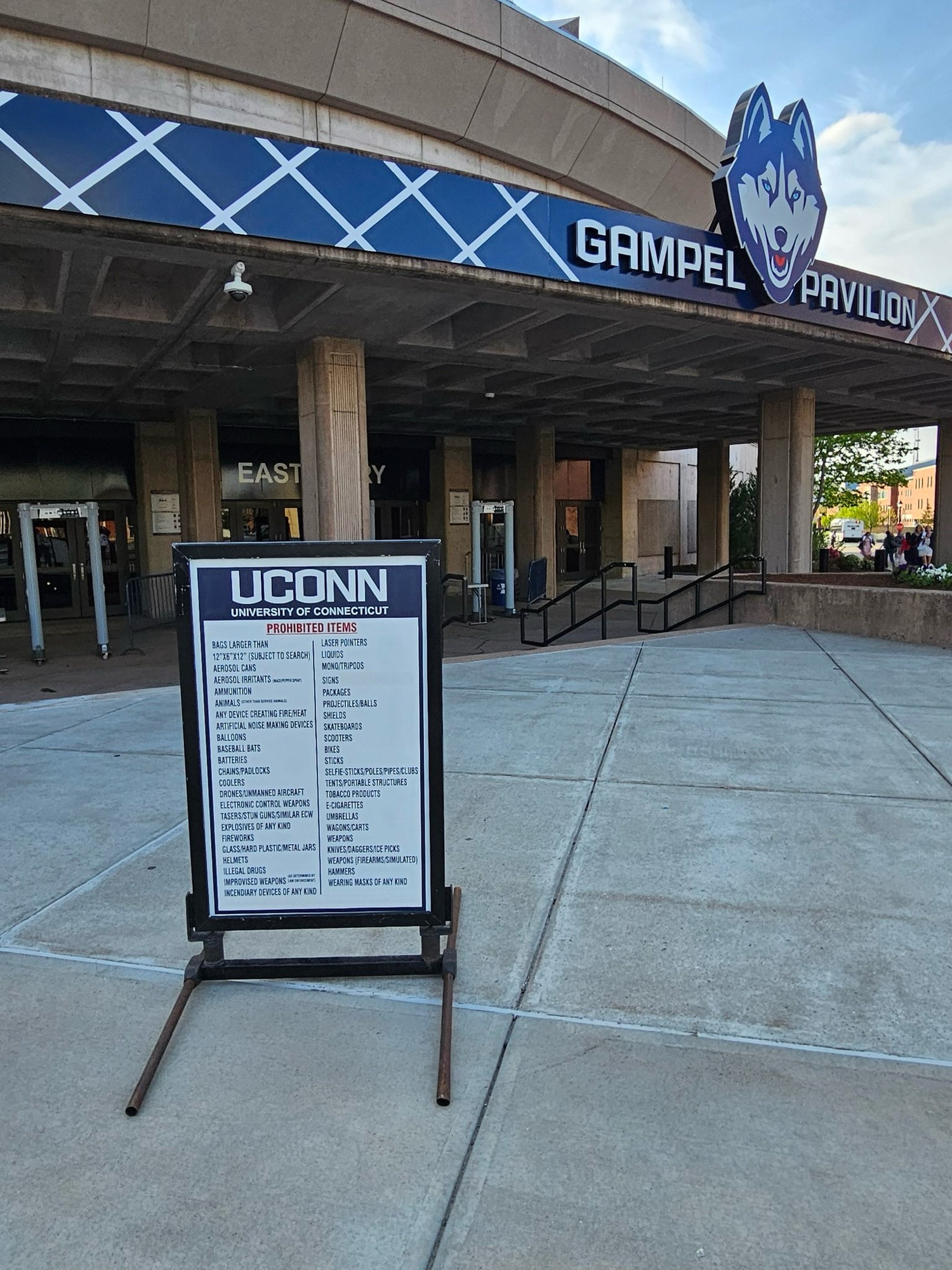 Sign at UCONN listing prohibited items which includes masks of any kind