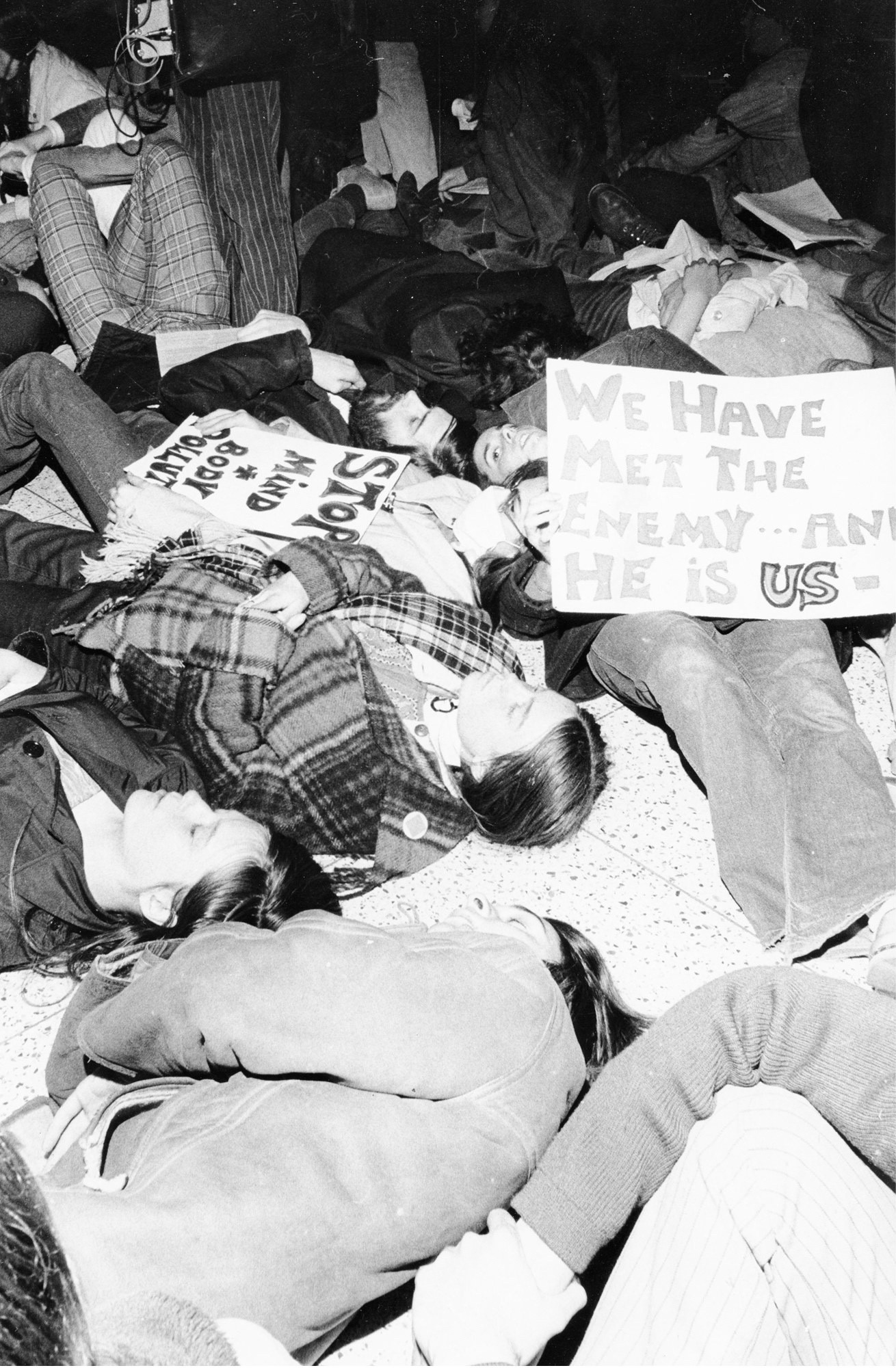 Students participating in an action on Earth Day in 1970