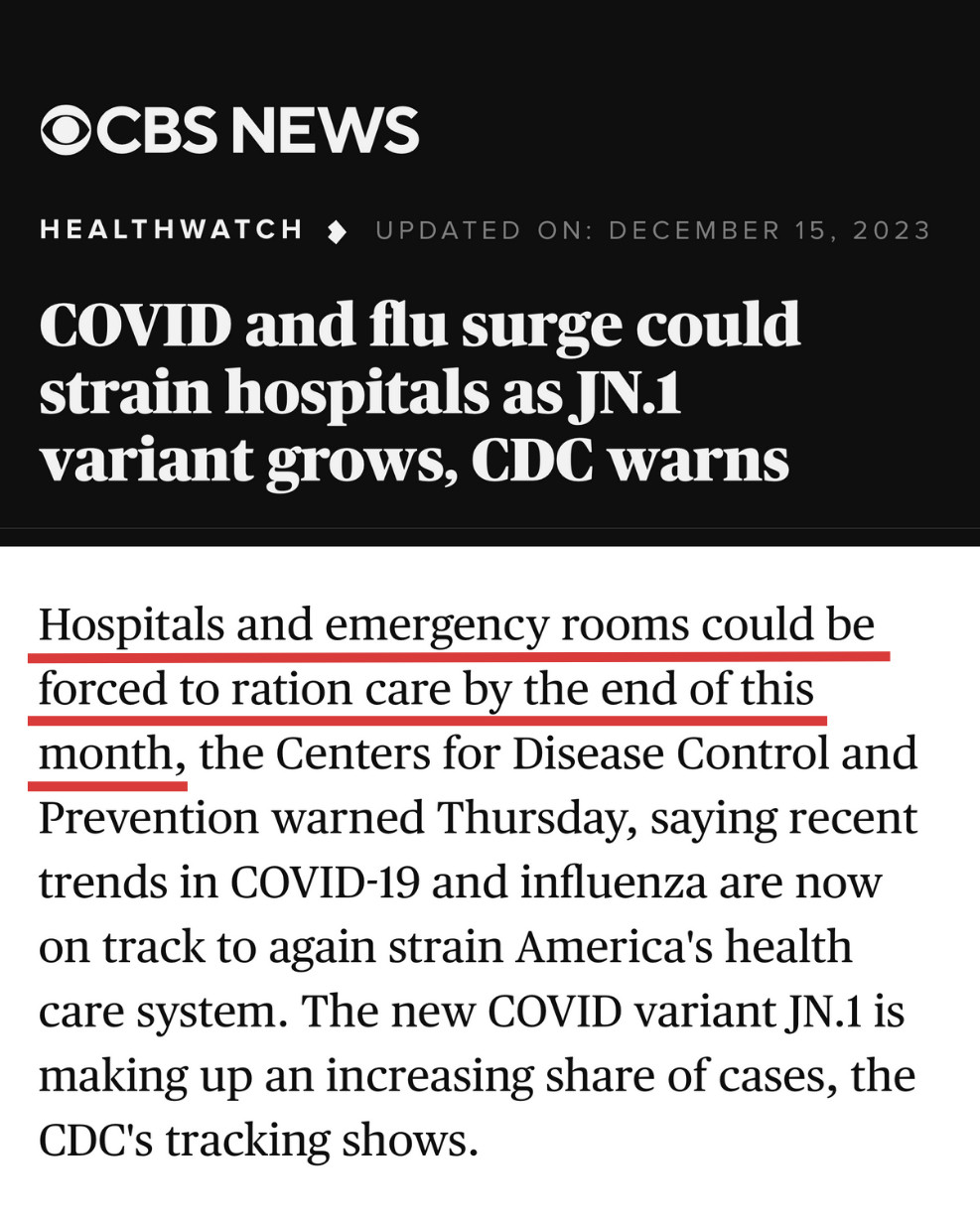 CBS News: COVID and flu surge could strain hospitals as JN.1 variant grows, CDC warns